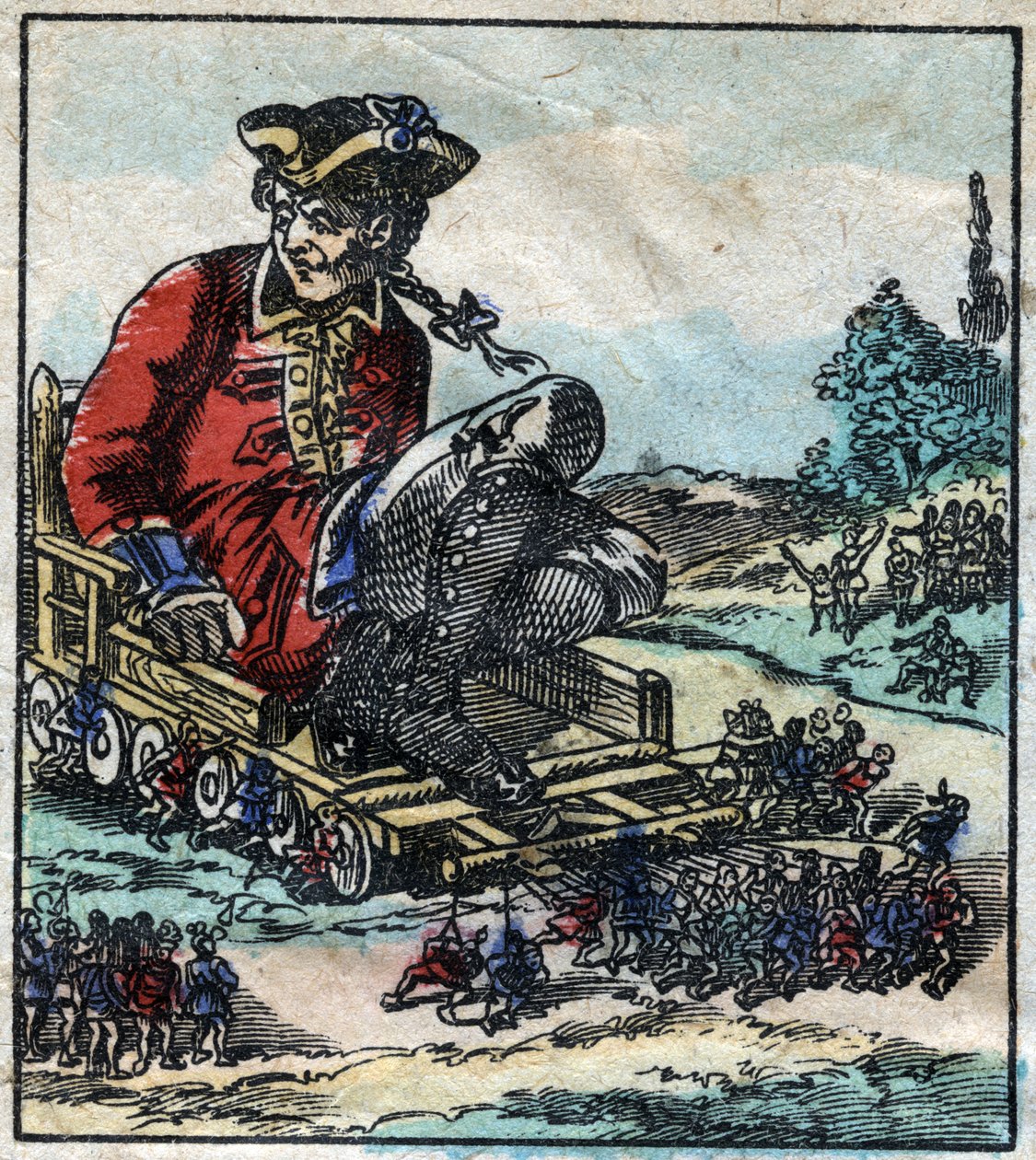 囚犯莱缪尔-格列佛被押送到小人国拉车上。乔纳森-斯威夫特（1667-1745）的《格列佛游记》的插图。19世纪末，埃皮纳成像。 作者 法语学校