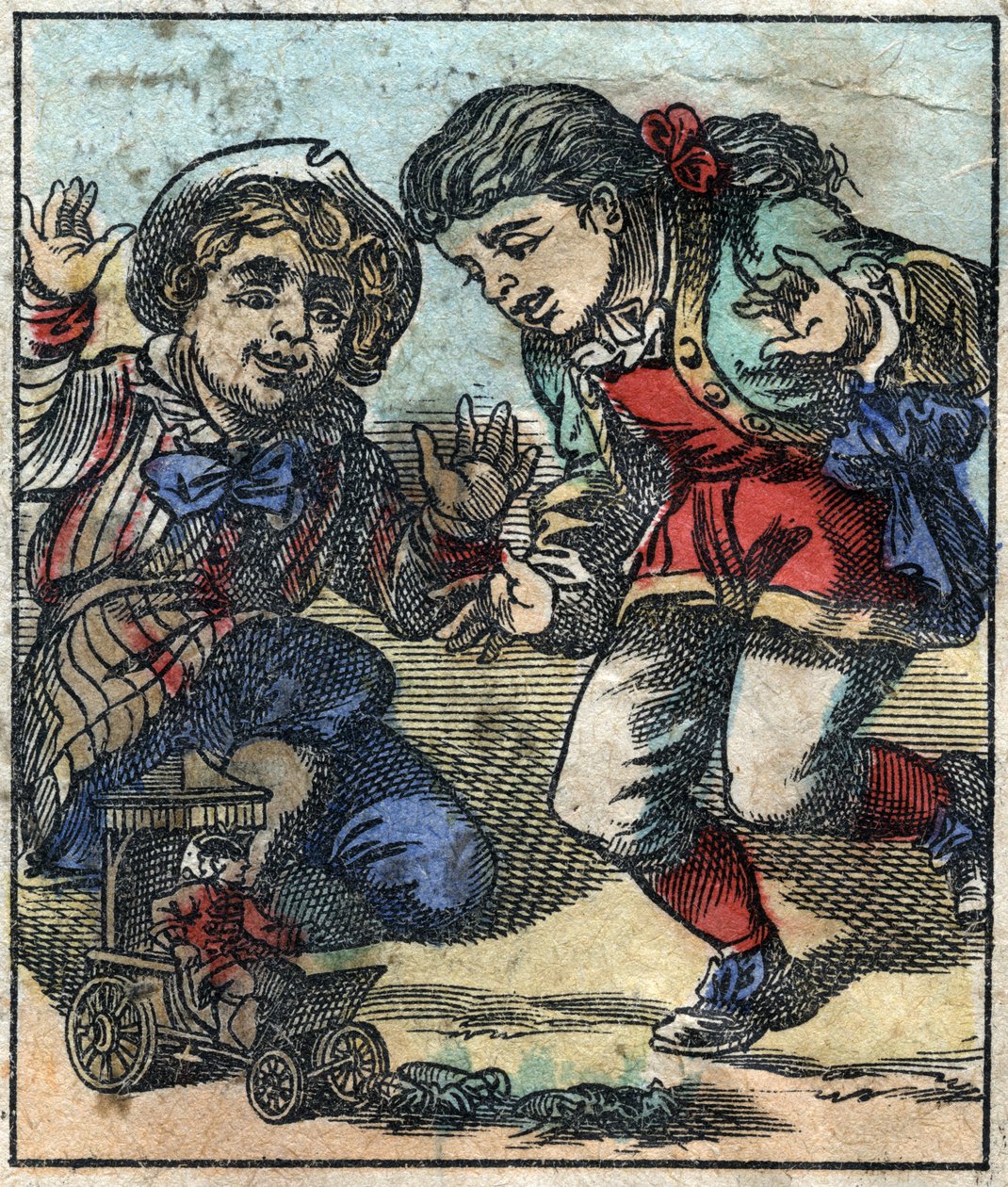 莱缪尔-格列佛被Brobdingnag的巨型儿童当作玩具。乔纳森-斯威夫特（1667-1745）的《格列佛游记》的插图。19世纪末，埃皮纳成像。 作者 法语学校