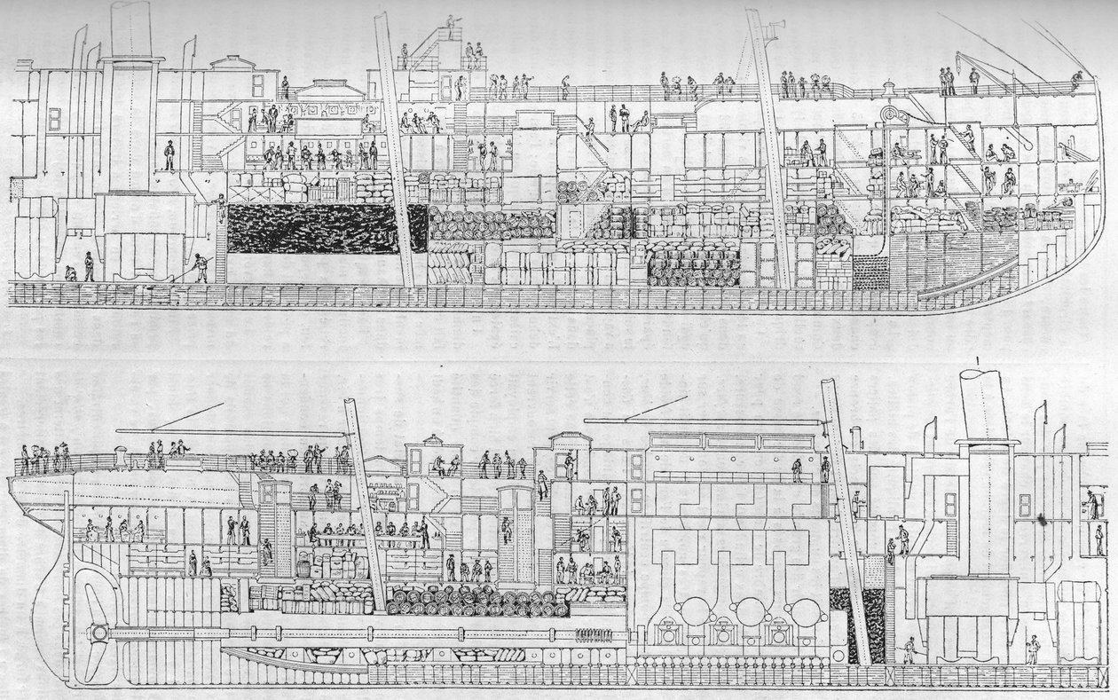1886年至1915年期间服役的 "La Gascogne "号邮轮的剪裁长度。著名杂志 "La jeunesse "上的雕版。 作者 法语学校