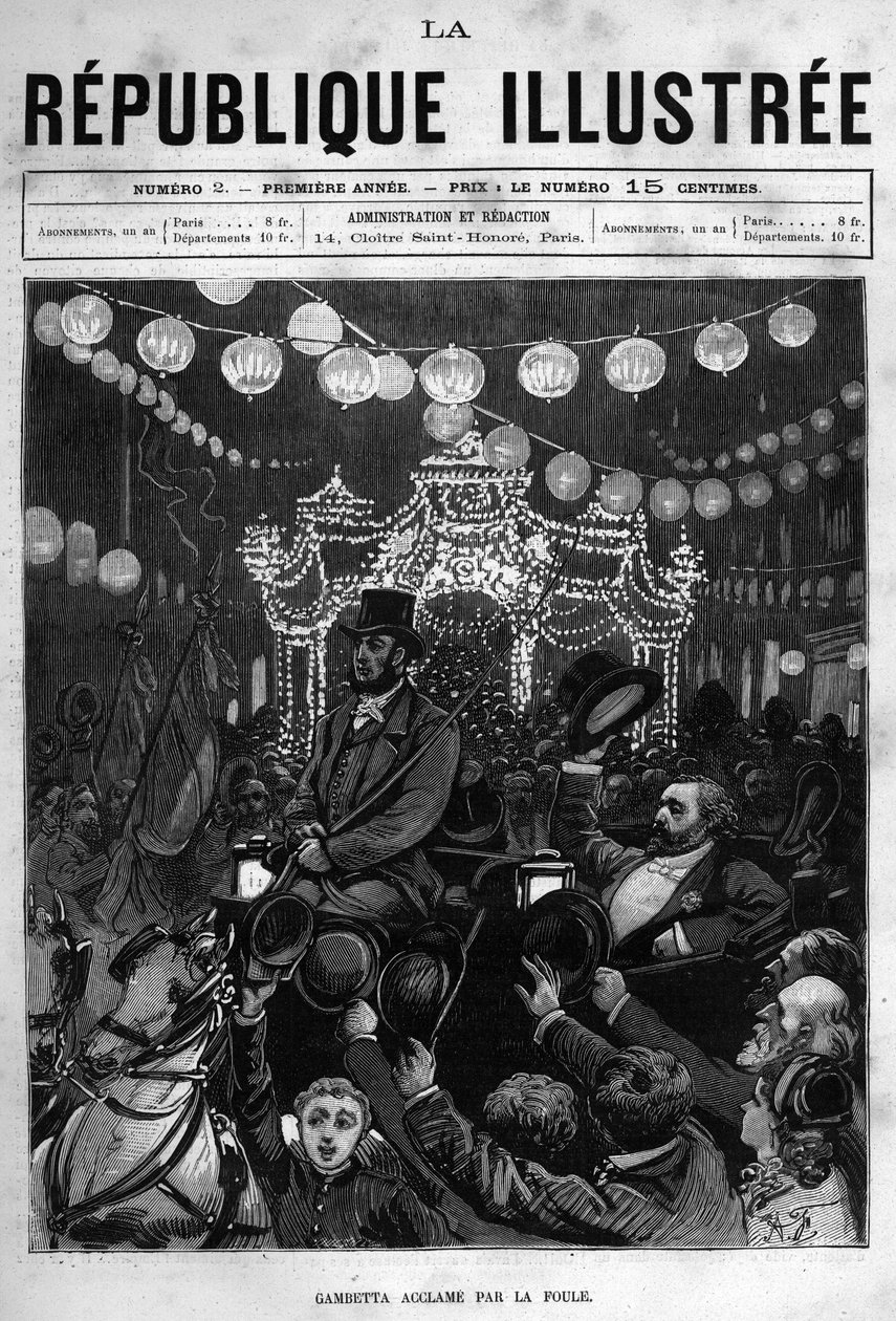 莱昂-甘贝塔（1838-1882）在巴黎的共和国广场上迎接雕像。一份报纸。1880年的版画，收藏于 "La republique illustrstree "私人收藏馆。 作者 法语学校