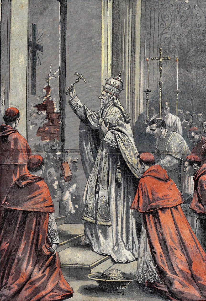 莱昂十三世，ne Vincenzo Gioacchino Raffaele Luigi Pecci（1810-1903），天主教会的第256任教皇，金锤武器，1899年12月24日在梵蒂冈的圣彼得（St.Peter）打开庆典的大门。雕刻在 "Le Pelerin 31/12/1899. 作者 法语学校