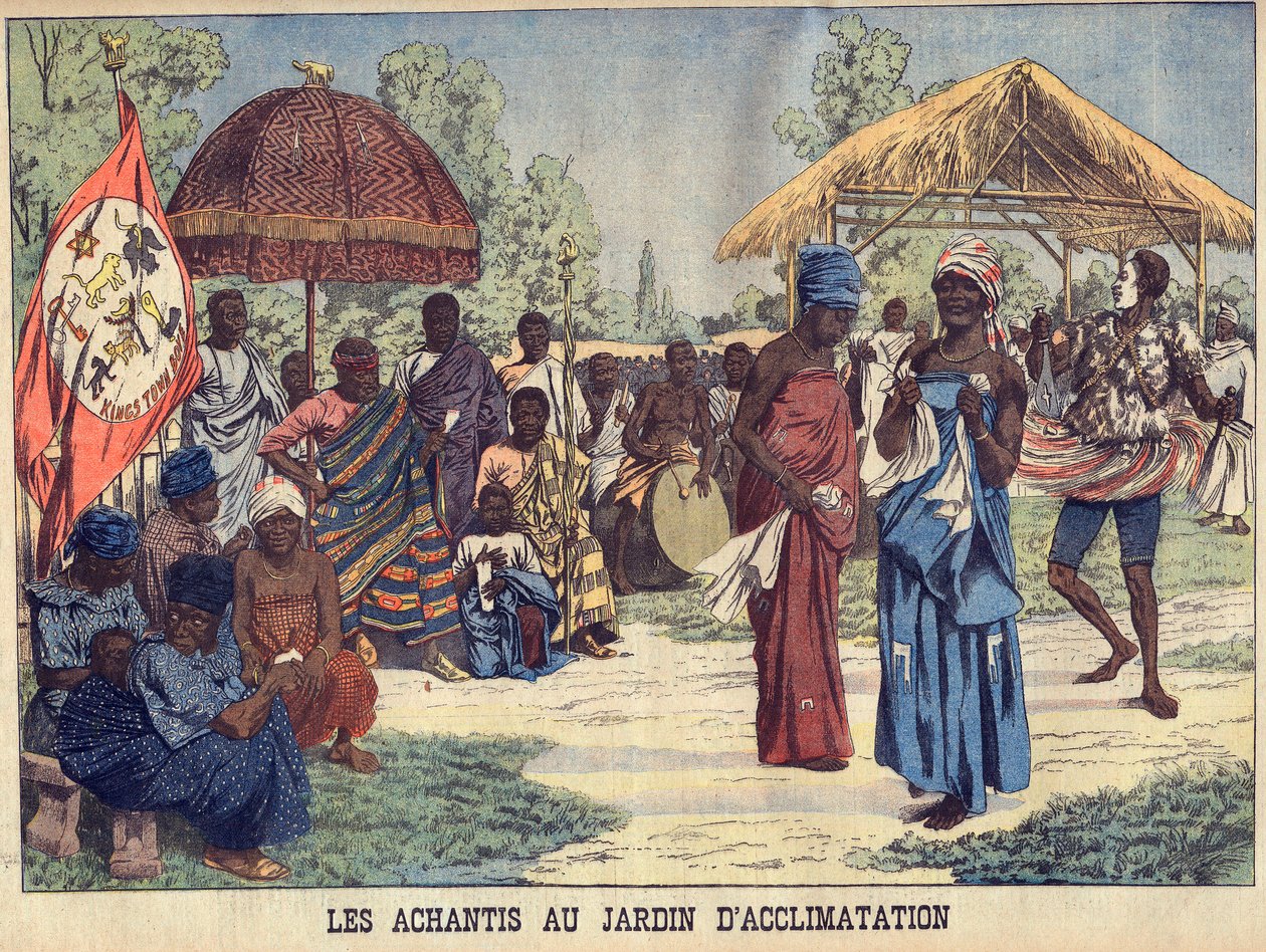 加纳的Ashantis（Achanti或Asante）在巴黎的适应性公园（人类动物园）--1903年5月31日的《小报》（雕刻）中。 作者 法语学校