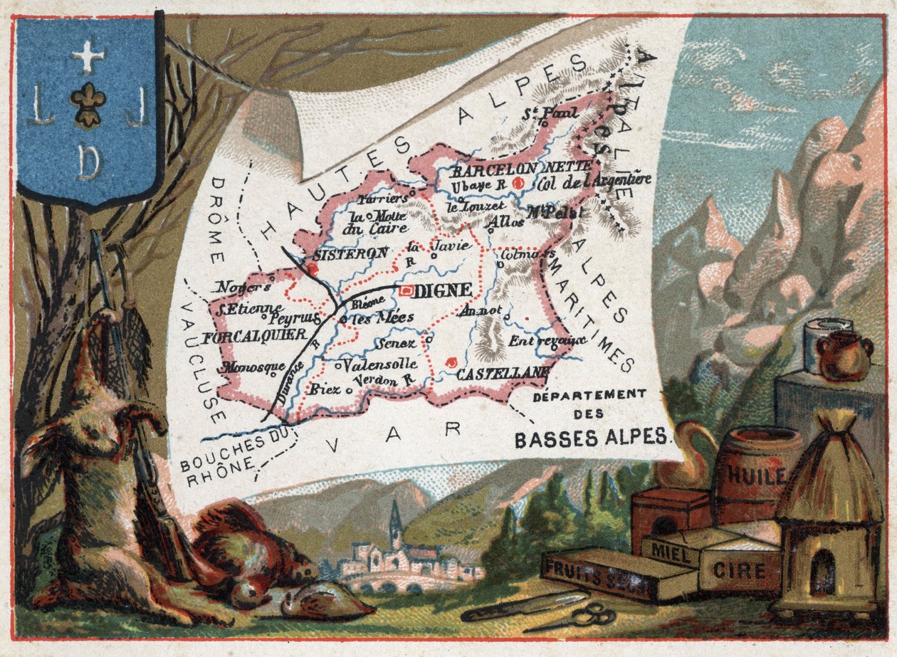 法国上普罗旺斯阿尔卑斯省(Alpes-de-Haute-Provence 04)的今天，Les Basse Alpes(Basse-Alpes)。当地特产：狩猎、蜡、蜂蜜、干果和油。关于法国各省的系列报道。铬平版印刷（Chromo）"的地理学 作者 法语学校