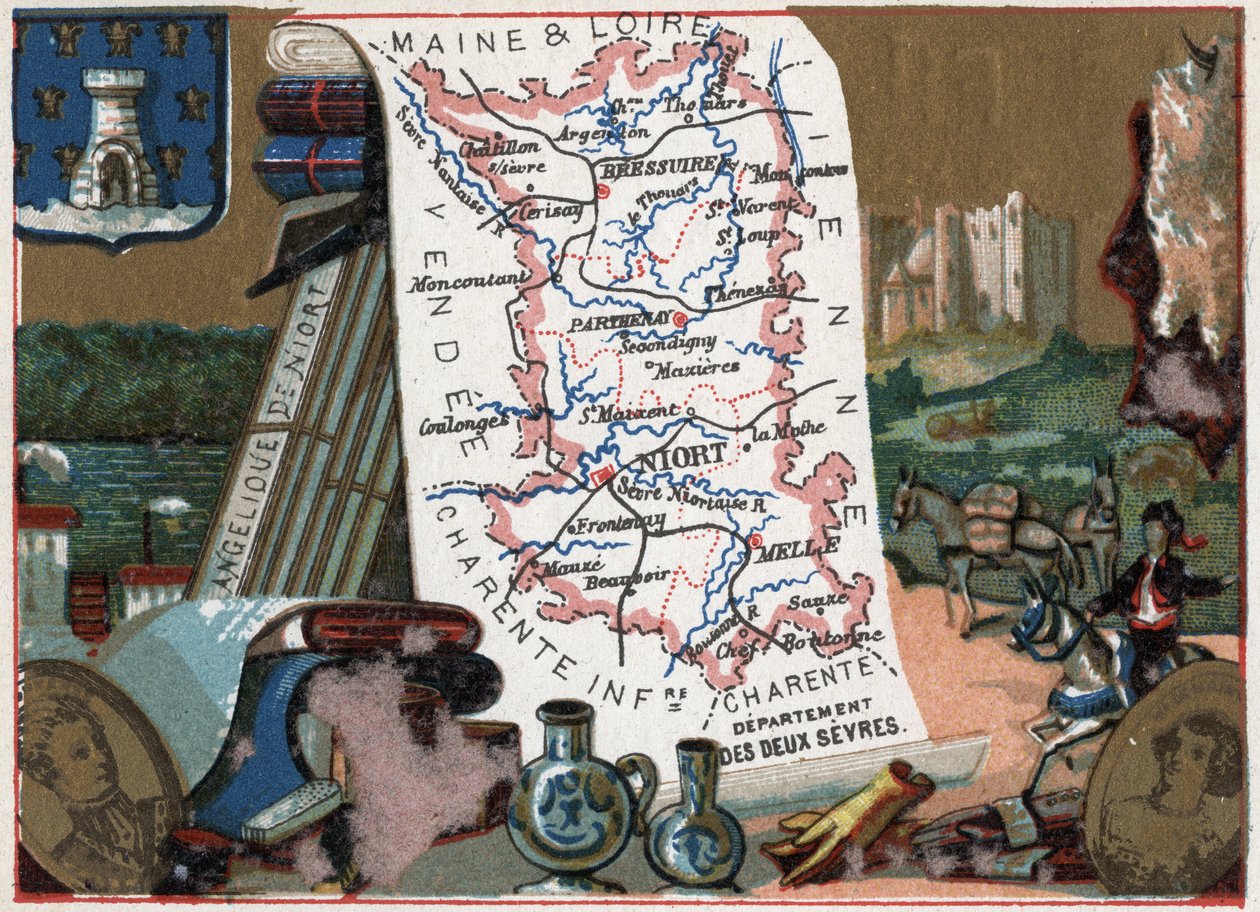 Les Deux Sevres（德塞夫尔，79），Poitou Charente（普瓦图-夏朗德），法国。尼奥尔的天使。关于法国各省的系列。彩色石版画（Chromo）"地理线"，约1920年。私人收藏。 作者 法语学校