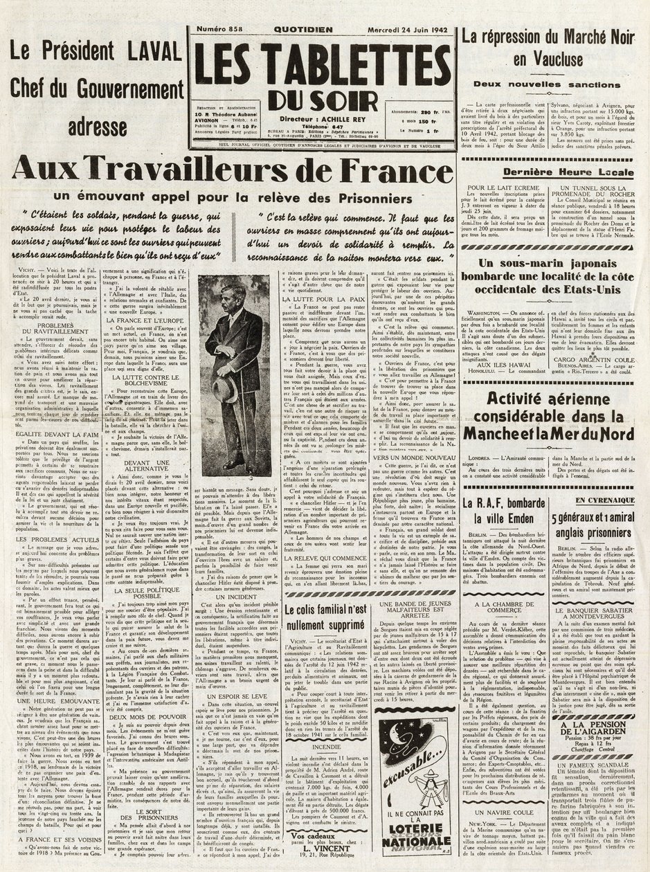 Les Tablets du soir du 24/06/1942 - LAVAL政府首脑向法国工人发出呼吁，要求恢复沃克鲁斯的市场秩序。 作者 法语学校