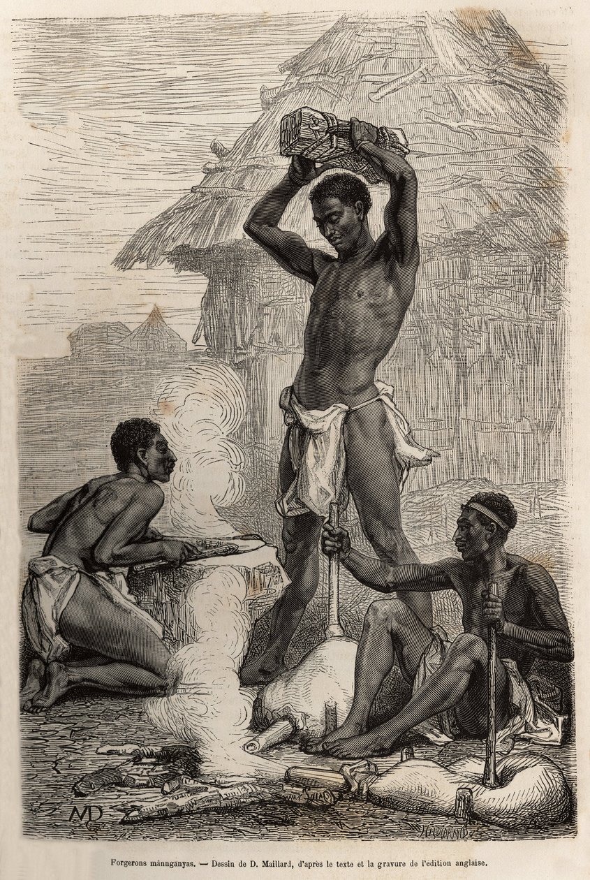 Les blacksmiths mannganyas，位于卢阿拉巴河（今刚果河）沿岸的一个村庄，根据 D.Maillard 的一幅画雕刻，描绘了大卫·利文斯通于 1866-1873 年的最后一本日记（1813-1873），发表于《乐游》 du monde””，1875 年，编辑 作者 法语学校