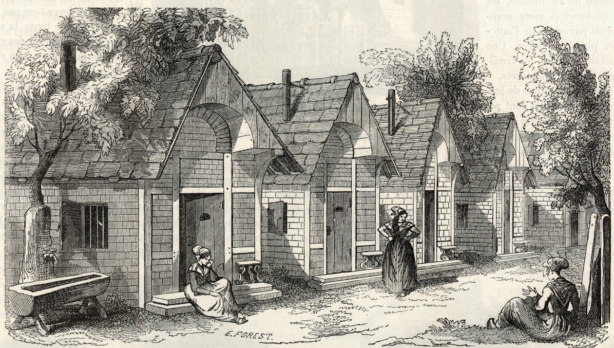 Salpetriere的小木屋，为激动人心的追随者服务--Edmond Texier 1852年在 "Tableau-de-Paris "的版画。 作者 法语学校