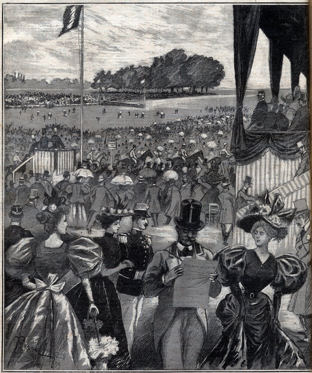 里昂的赛马场--在大奖赛之后--1895年 "Le Progres illustrious "中的版画 作者 法语学校