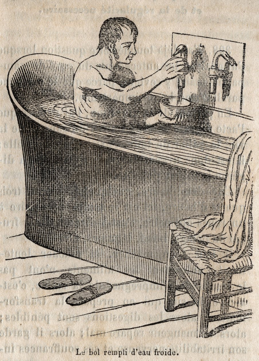 Les gestures du bain - Hygiene au 19th century - man in a bathtub - engraving in “La Sante Universelle - Guide Medical des Familles” 1852 作者 法语学校