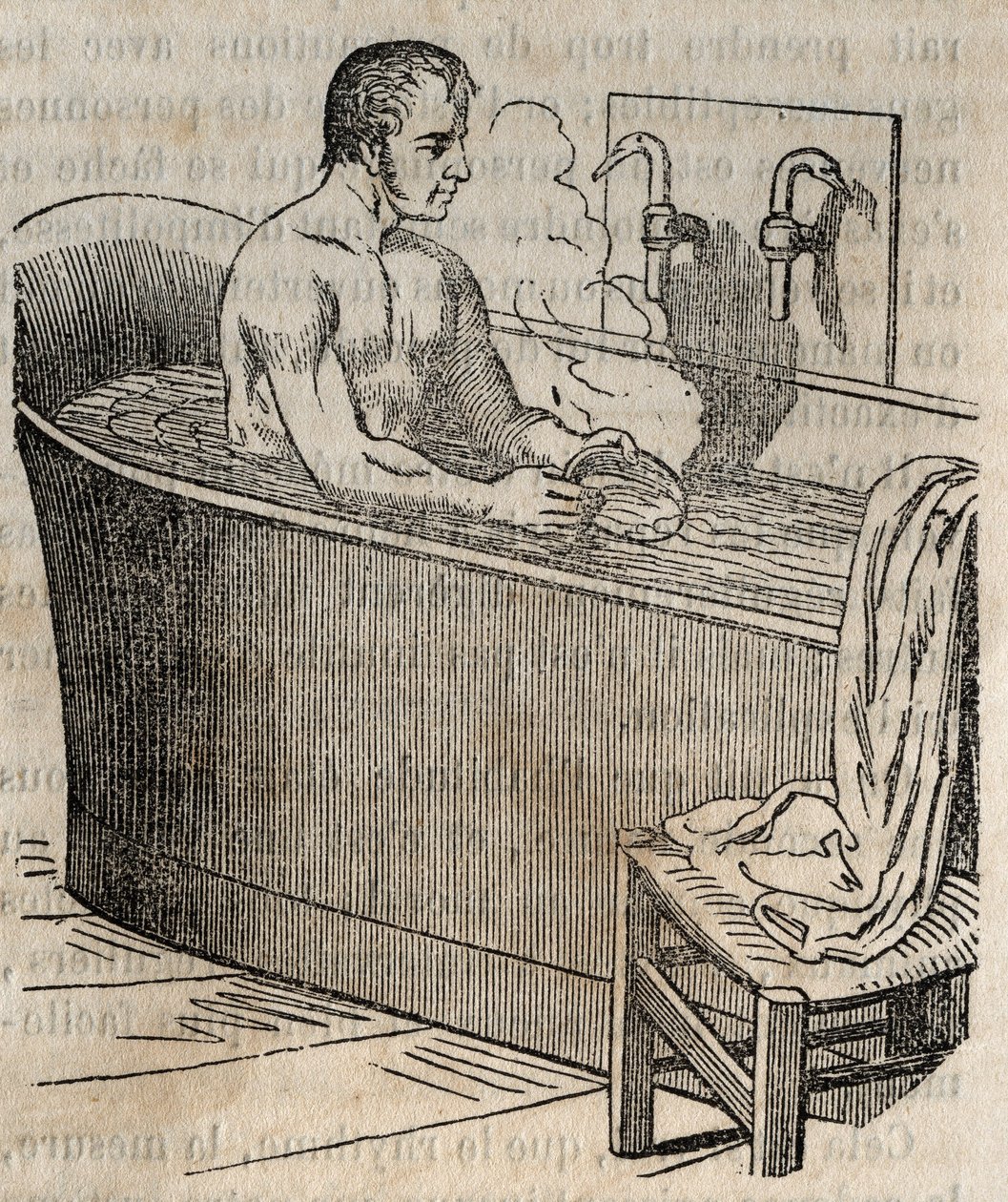 沐浴程序 - 19 世纪的卫生 - 浴缸中的男人 - 雕刻于“La Sante Universelle - Guide Medical des Familles” 1852 作者 法语学校