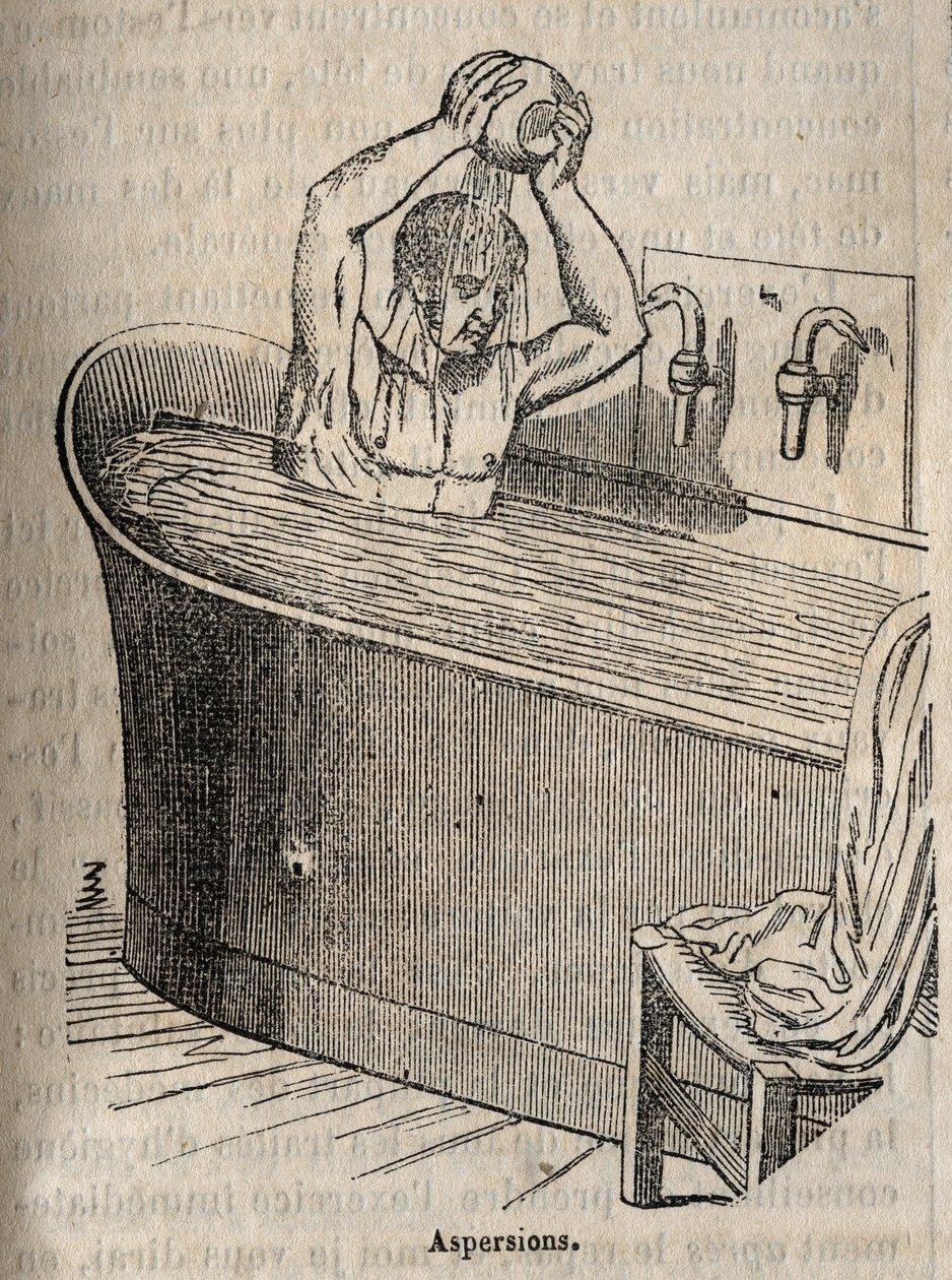 Les gestures du bain - 19世纪的卫生 - 浴缸里的男人 - 雕刻在 "La Sante Universelle - Guide Medical des Familles "1852年。 作者 法语学校
