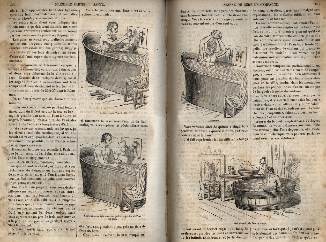 Les gestures du bain - 19世纪的卫生 - 浴缸里的男人 - 雕刻在 "La Sante Universelle - Guide Medical des Familles "1852年。 作者 法语学校