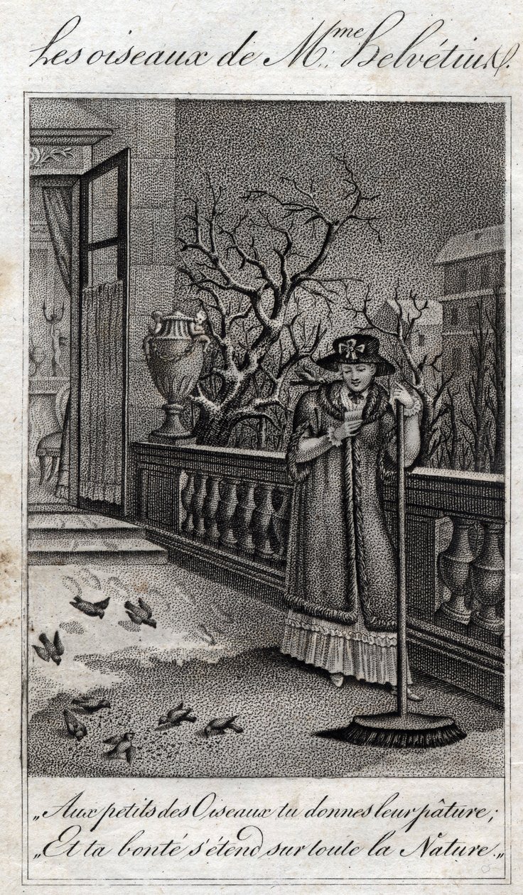 让-尼古拉-布瓦利（1763-1842）的《给我女儿的建议》中的赫尔维尤斯夫人（安妮-凯瑟琳-赫尔维尤斯）的小鸟。1820.私人收藏。 作者 法语学校
