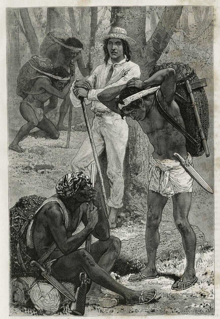 Les porters (caucheros)，在 Darien（巴拿马东部地区），根据 D.Maillart 的一幅画雕刻，以说明巴拿马和 Darien 地峡的探索，A. Reclus，船舶中尉，从 1876 年到 1878 年 , 发表于游杜莫 作者 法语学校