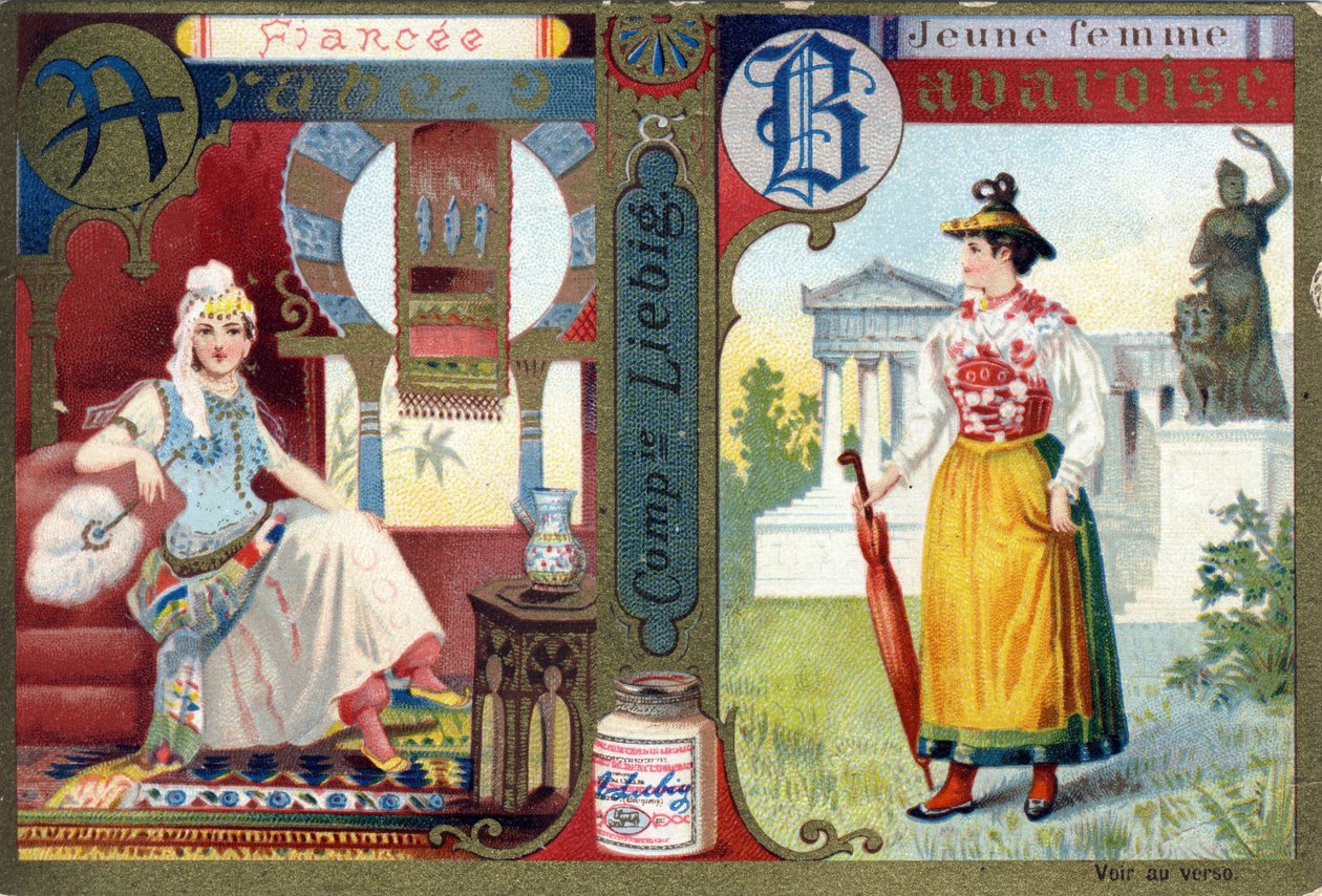 字母A为阿拉伯未婚妻，字母B为巴伐利亚少妇。妇女的字母表.一系列12张图片。利比希广告 作者 法语学校