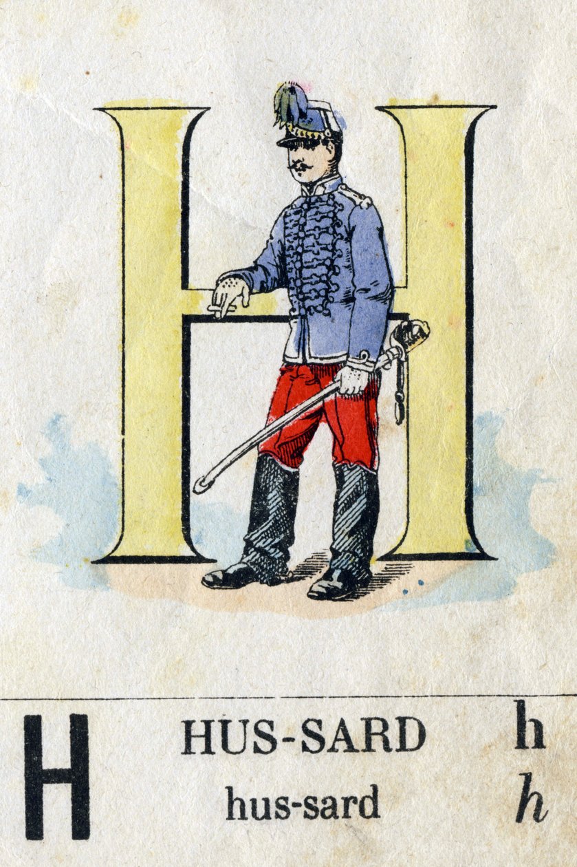 字母H作为一个hussard。军事字母表.埃皮纳尔的成像，大约在1870-1880年。模板彩色木刻画 作者 法语学校
