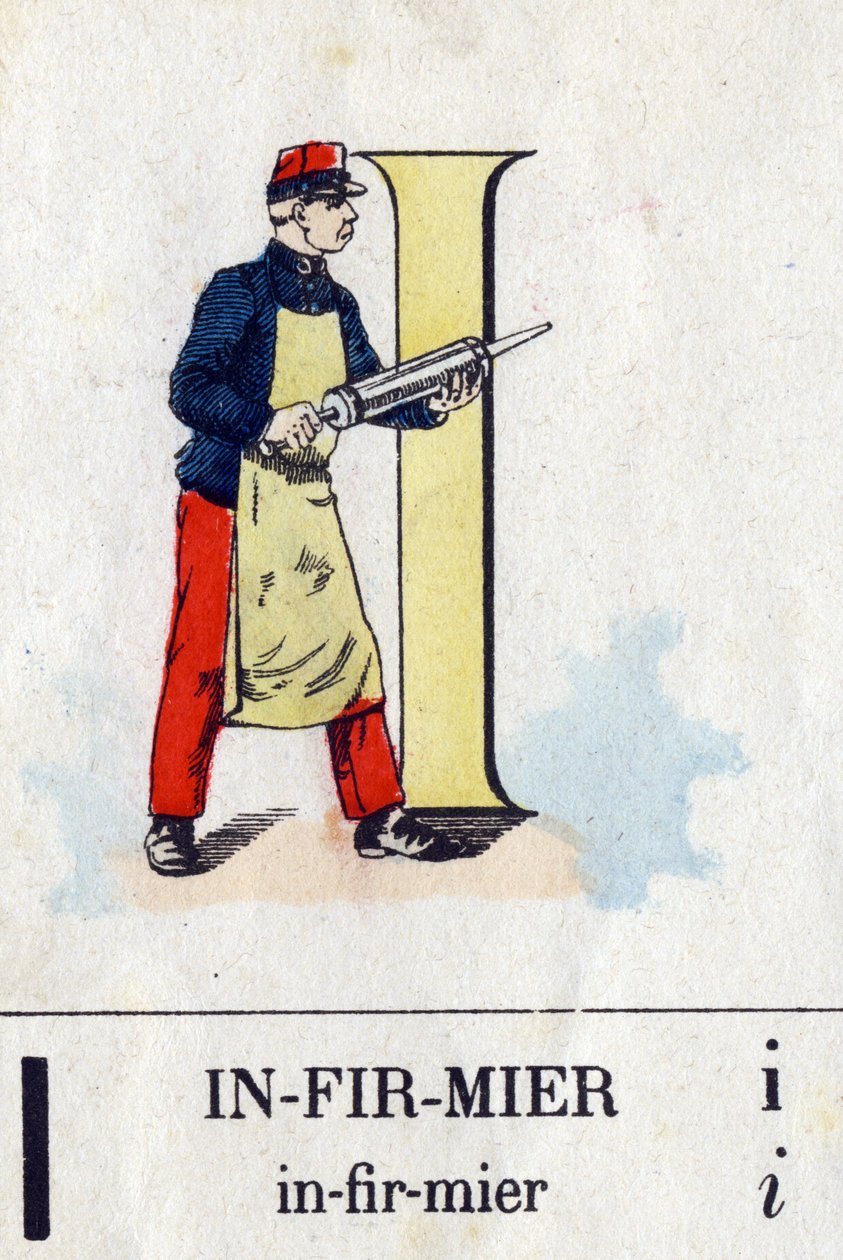 字母 I 作为护士。 军事字母表。 Epinal 的成像，大约 1870-1880 年。 模版色木刻版画 作者 法语学校