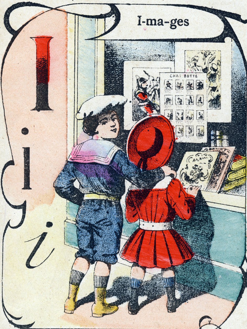 字母 I：图像。 雕刻在“ABC des joux 倒小男孩”。 Pont-a-Mousson 的影像，Louis Vagne，印刷出版商，19 世纪后期。 尺寸：32,5x25 厘米 作者 法语学校