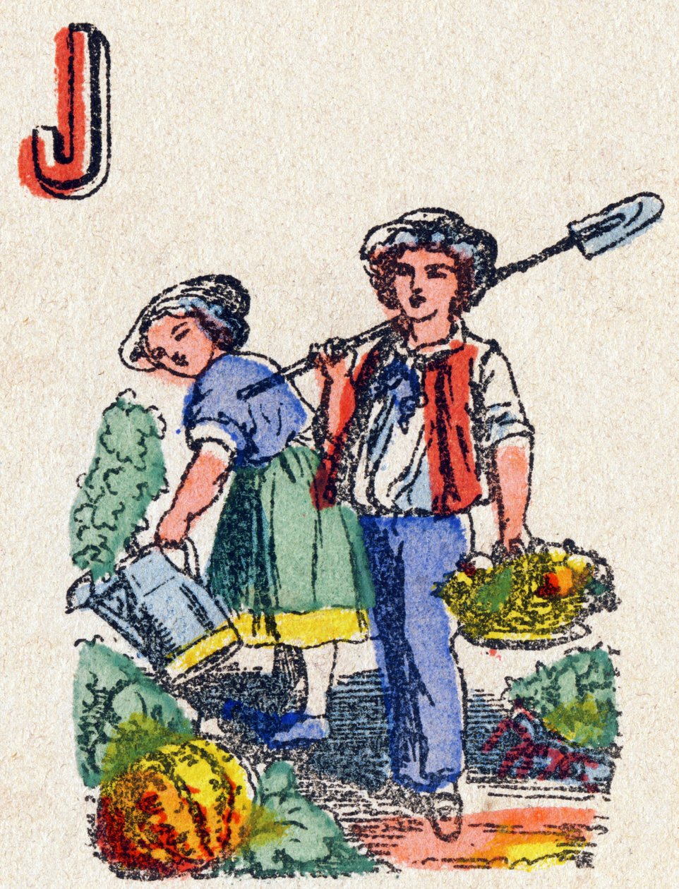 字母J 园艺师。"Alphabet des jeux "中的雕刻。瓦涅先生，编辑，Pont-a-Mousson，19世纪末。粉红色系列。12页。专辑中包含了简化的阅读方法和图文并茂的abecedary。规格：16,5x11cm 作者 法语学校