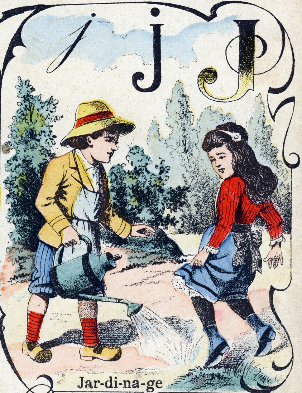 字母 J：园艺。 雕刻在“ABC des joux 倒小男孩”。 Pont-a-Mousson 的影像，Louis Vagne，印刷出版商，19 世纪后期。 尺寸：32,5x25 厘米 作者 法语学校