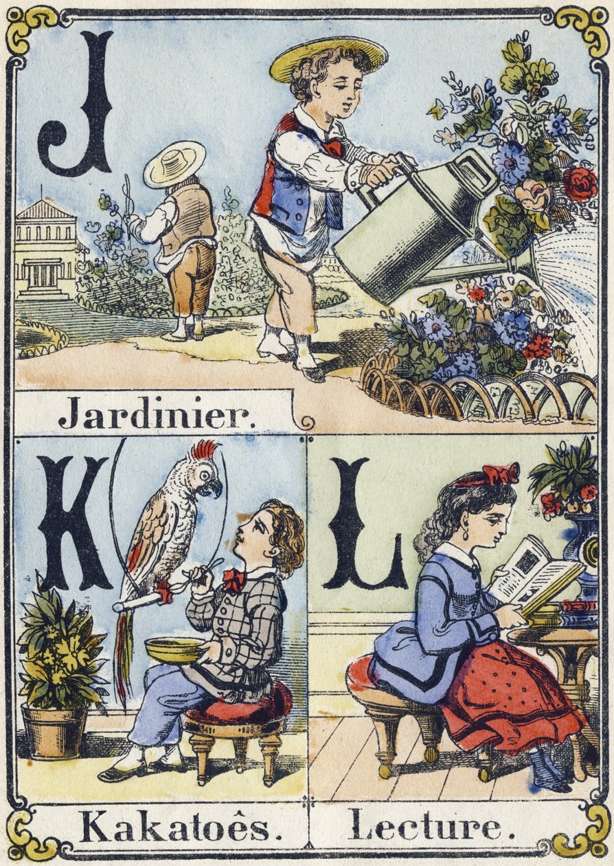 Letter J, K and L: gardener, kakatoes and reading. Recreative alphabet. Epinal imaging. Stencilled wood engravings, circa 1880. Small 16-page booklet 作者 法语学校