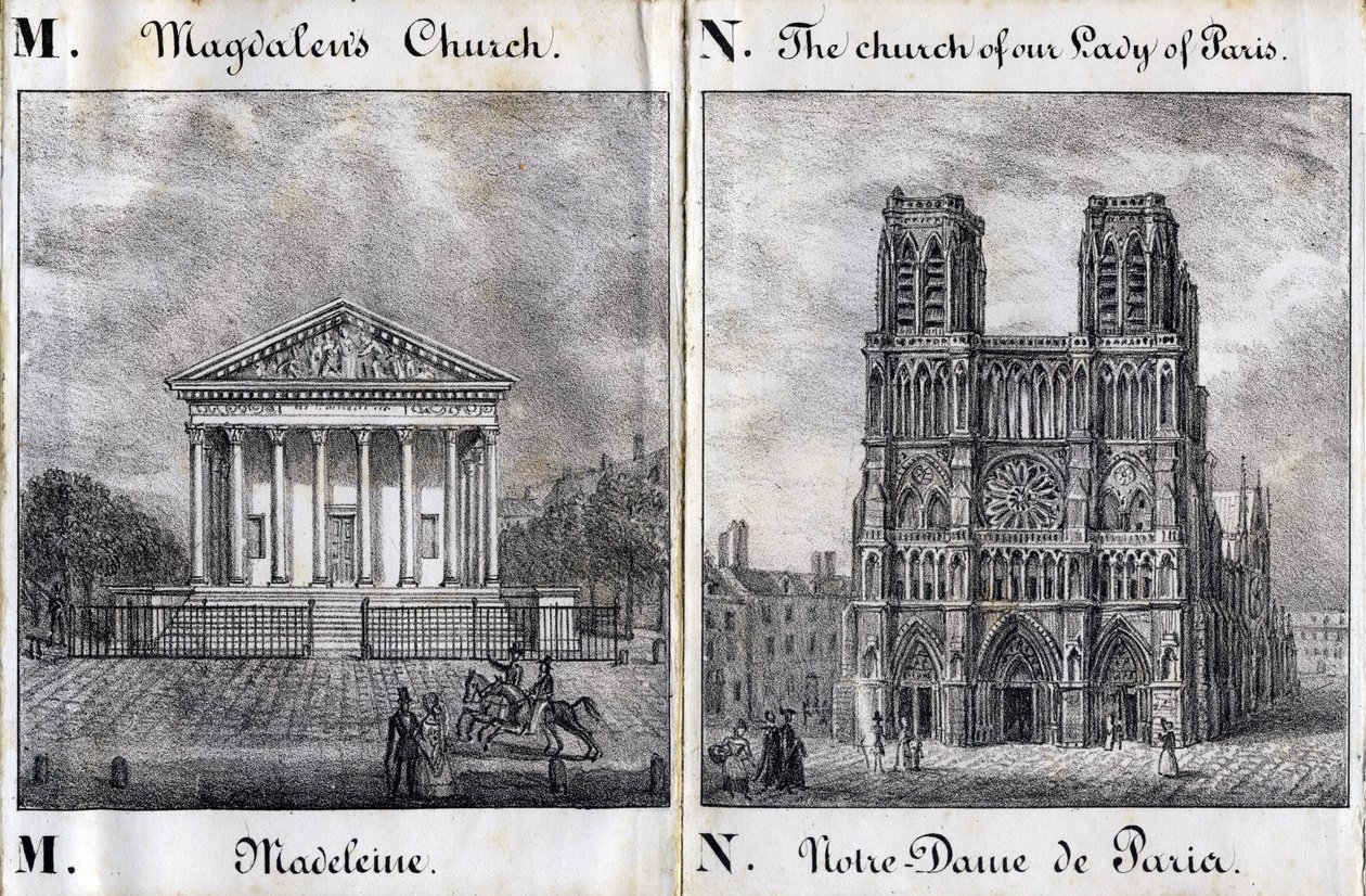字母M Madeleine和N Notre-Dame de Paris（巴黎圣母院）--"Alphabet Picturesque des Monumens de Paris "约1840年（雕刻）。 作者 法语学校