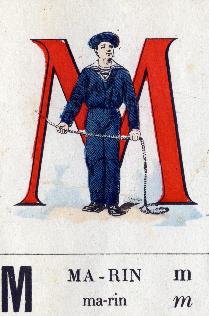 字母M为马林。军事字母表.埃皮纳尔的成像，大约在1870-1880年。模板彩色木刻画 作者 法语学校