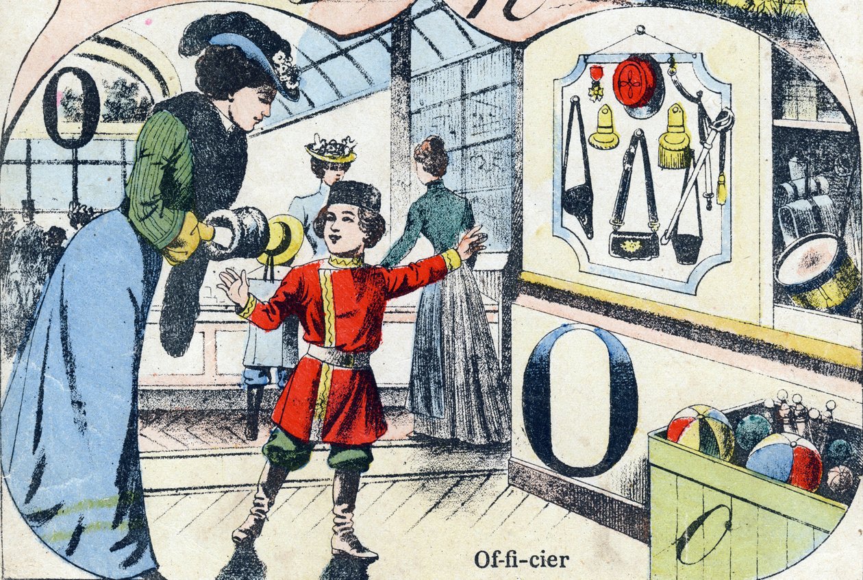 字母 O 官员。 雕刻在“ABC des joux 倒小男孩”。 Pont-a-Mousson 的影像，Louis Vagne，印刷出版商，19 世纪后期。 尺寸：32,5x25 厘米 作者 法语学校