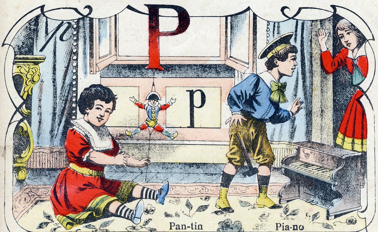 字母 P Pantin 钢琴。 雕刻在“ABC des joux 倒小男孩”。 Pont-a-Mousson 的影像，Louis Vagne，印刷出版商，19 世纪后期。 尺寸：32.5x25 厘米 作者 法语学校