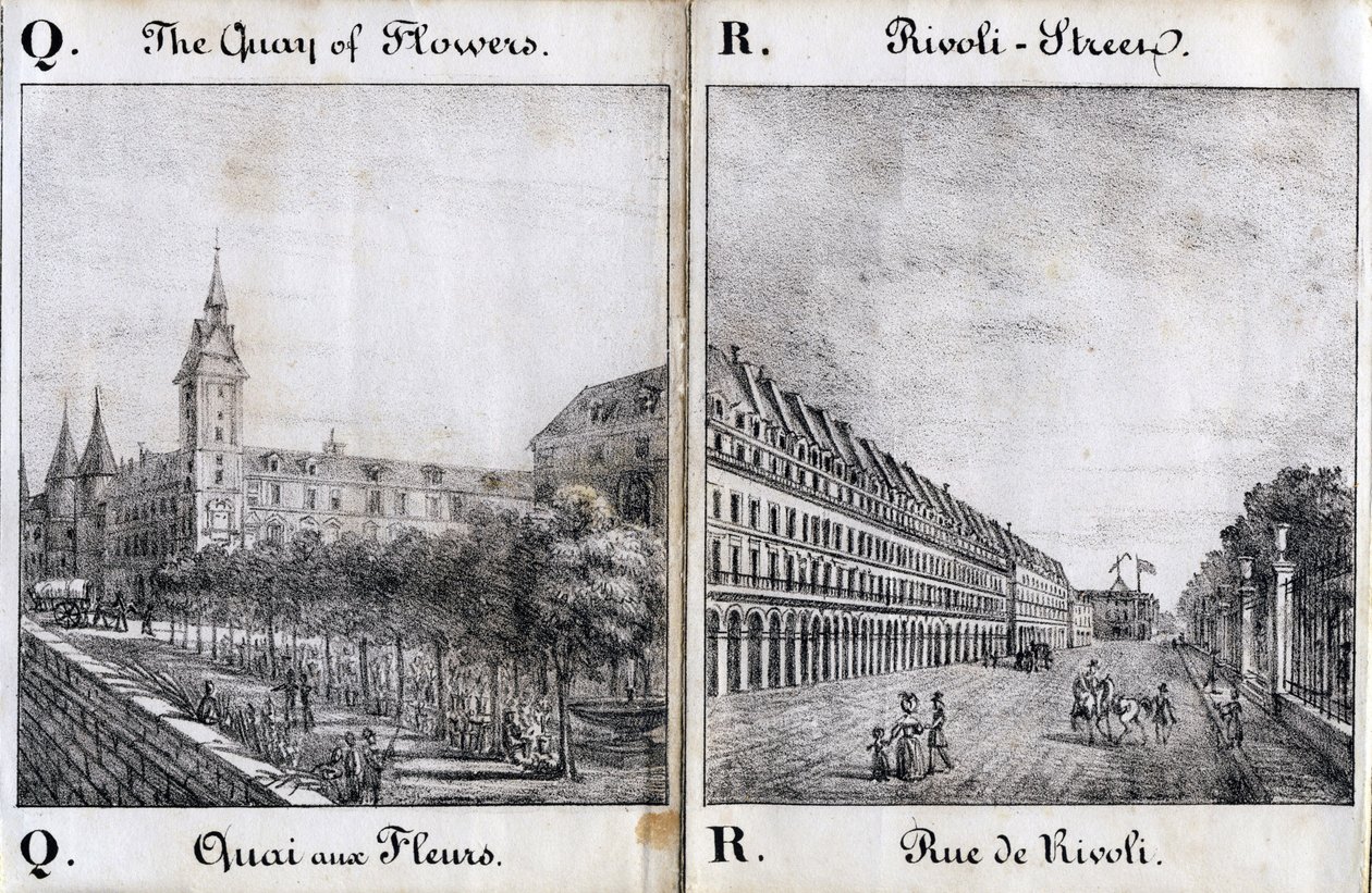 字母 Q 和 A：花码头和里沃利街--"Alphabet Picturesque des Monumens de Paris"，约 1840 年（版画） 作者 法语学校