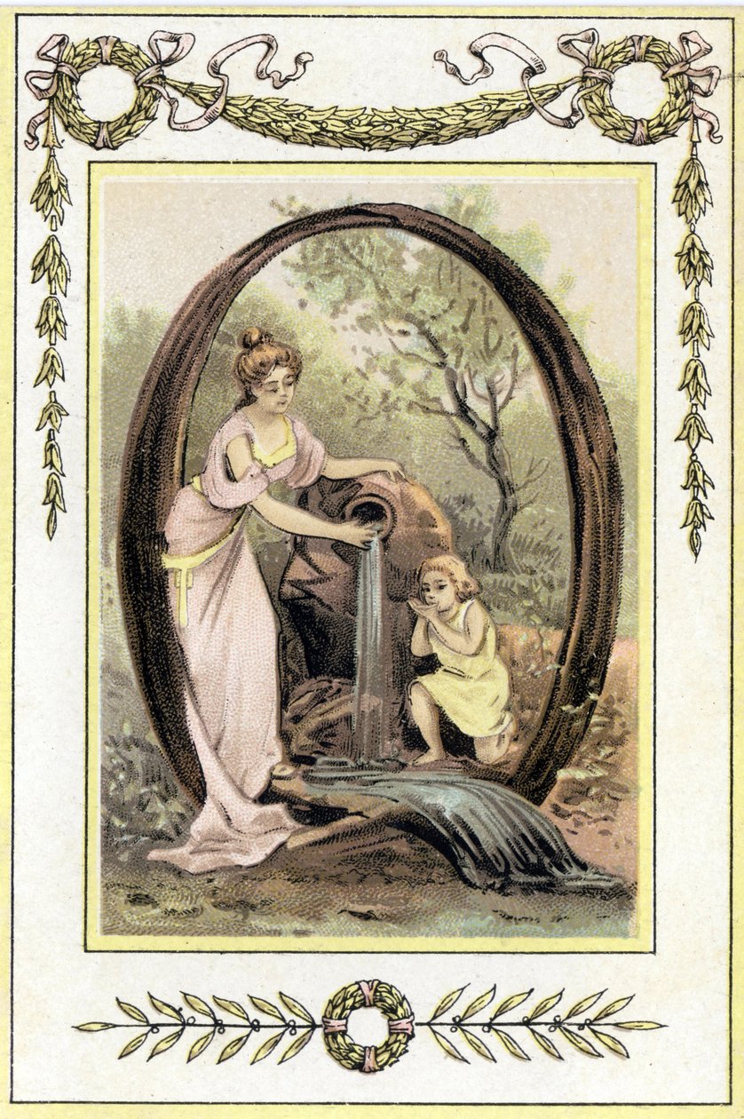 Letter Q representing a mother and her son drinking water from the spring, late 19th century (chromolithograph) 作者 法语学校