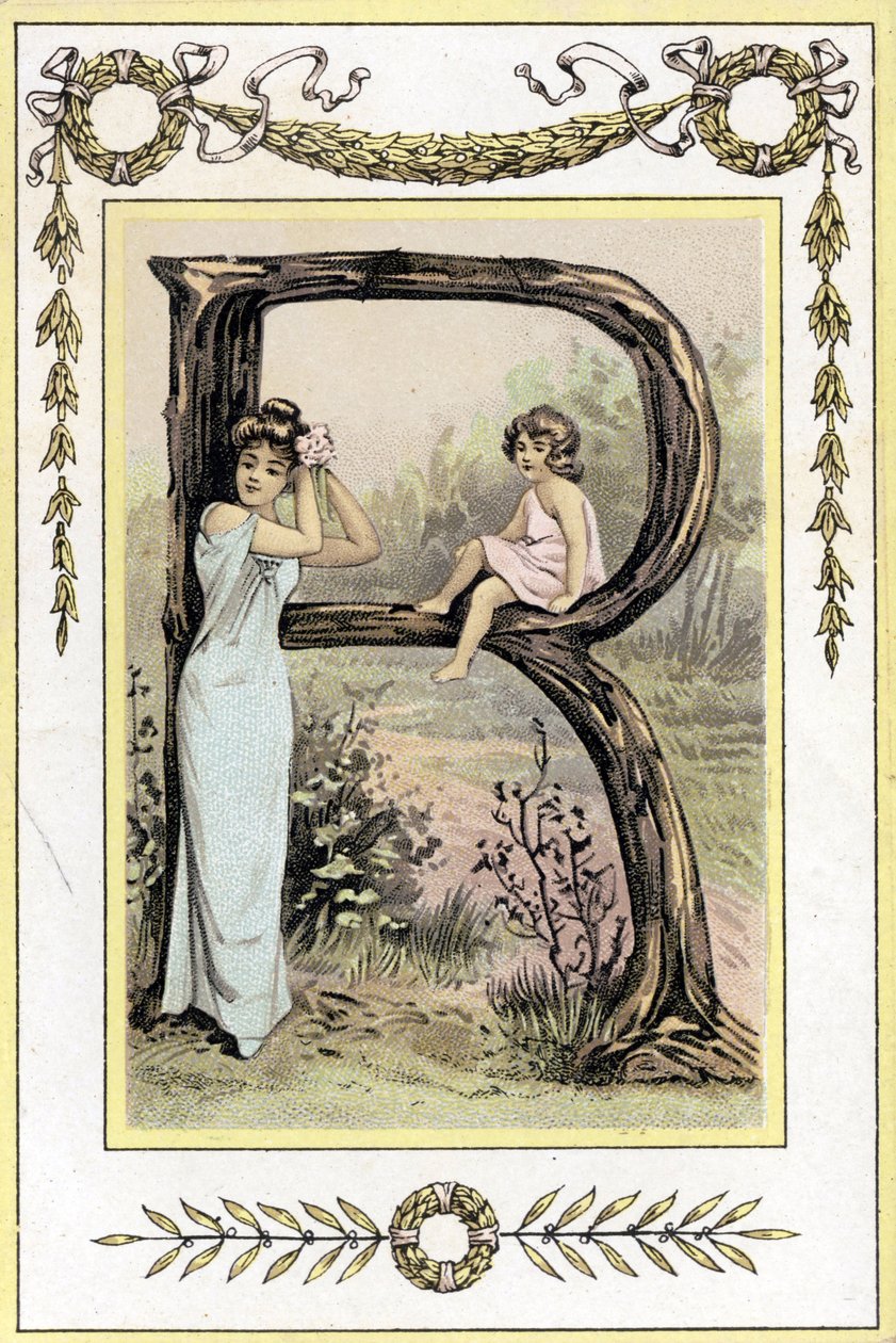 Letter R representing a mother and daughter, late 19th century (chromolithograph) 作者 法语学校