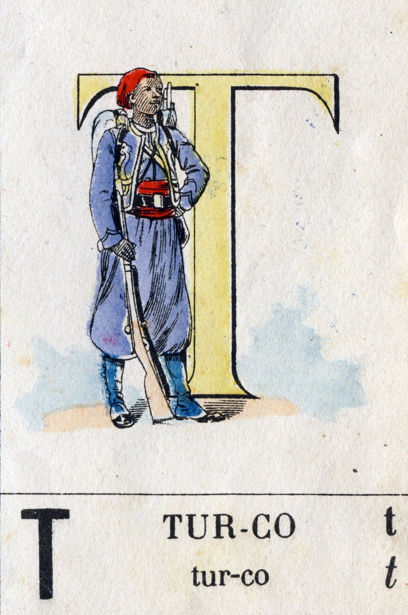 字母 T 喜欢 turco。 军事字母表。 Epinal 的成像，大约 1870-1880 年。 钢印木版画 作者 法语学校