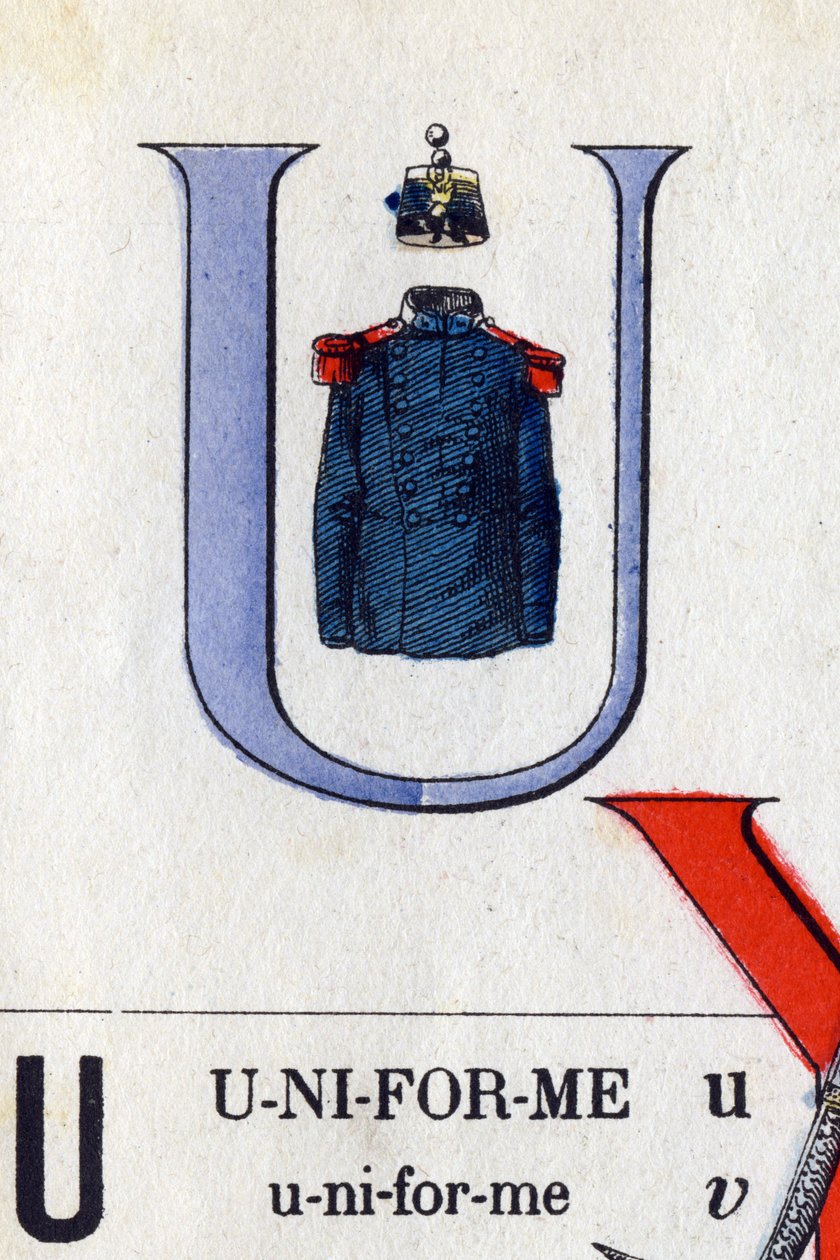 字母 U 作为制服。 军事字母表。 Epinal 的成像，大约 1870-1880 年。 模版色木刻版画 作者 法语学校