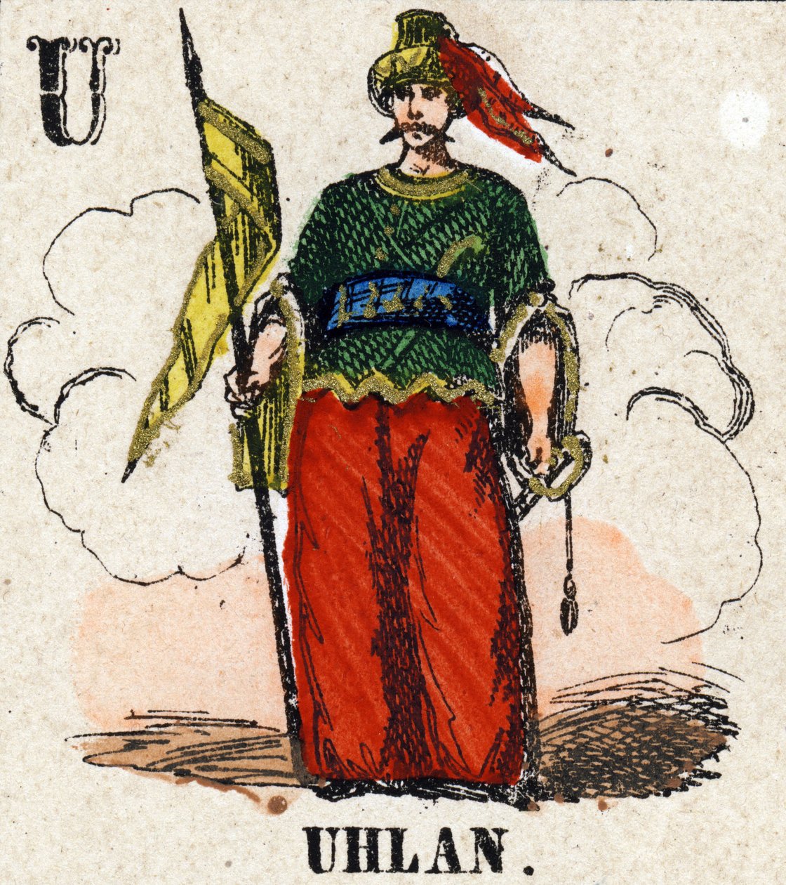 字母 U 喜欢 Uhlan。 小百科全书。 Epinal 的成像，大约 1860 年。木版画，镀金。 暗：37,8x50,3cm。 私人收藏 作者 法语学校