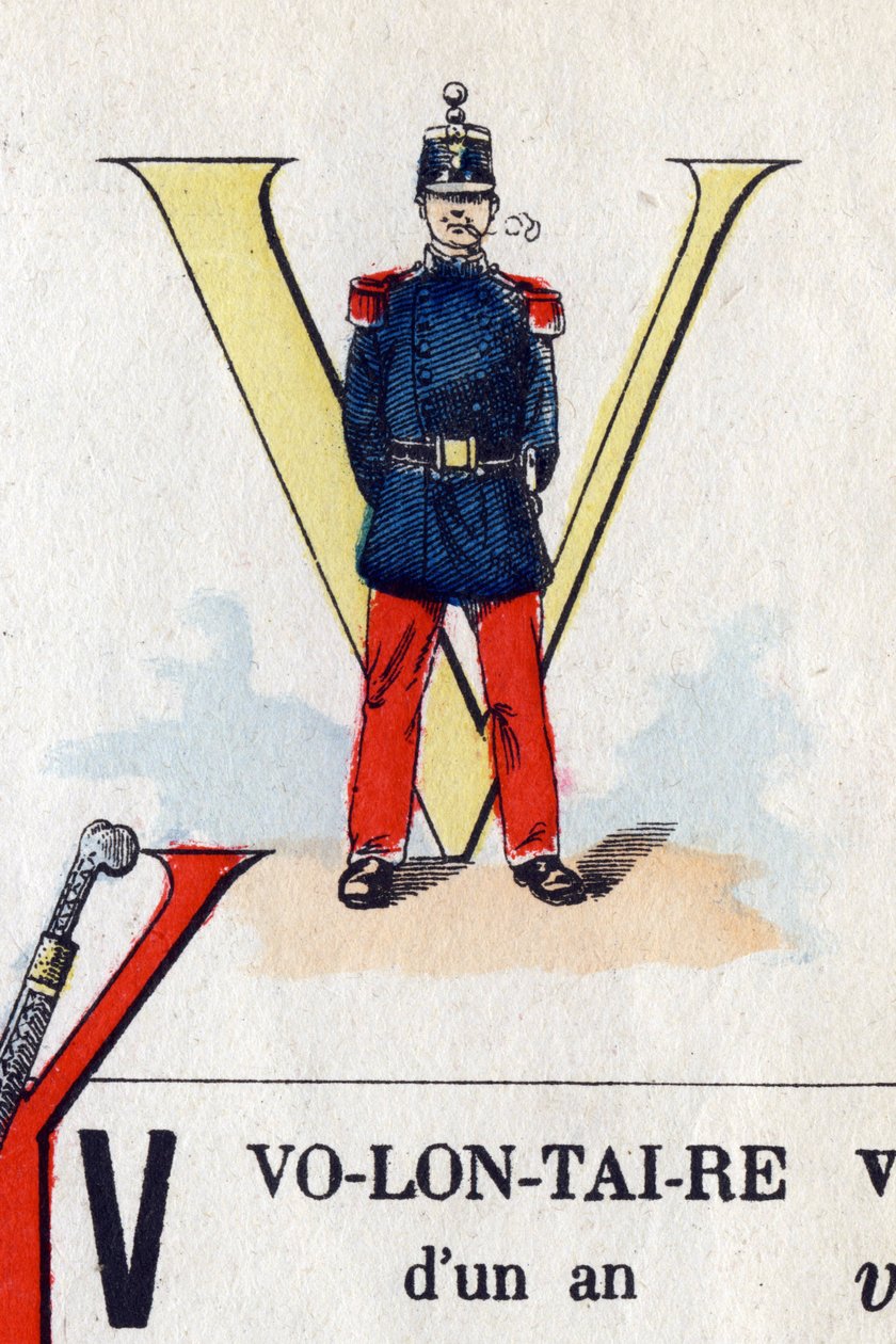 字母 V 作为志愿者。 军事字母表。 Epinal 的成像，大约 1870-1880 年。 模版色木刻版画 作者 法语学校