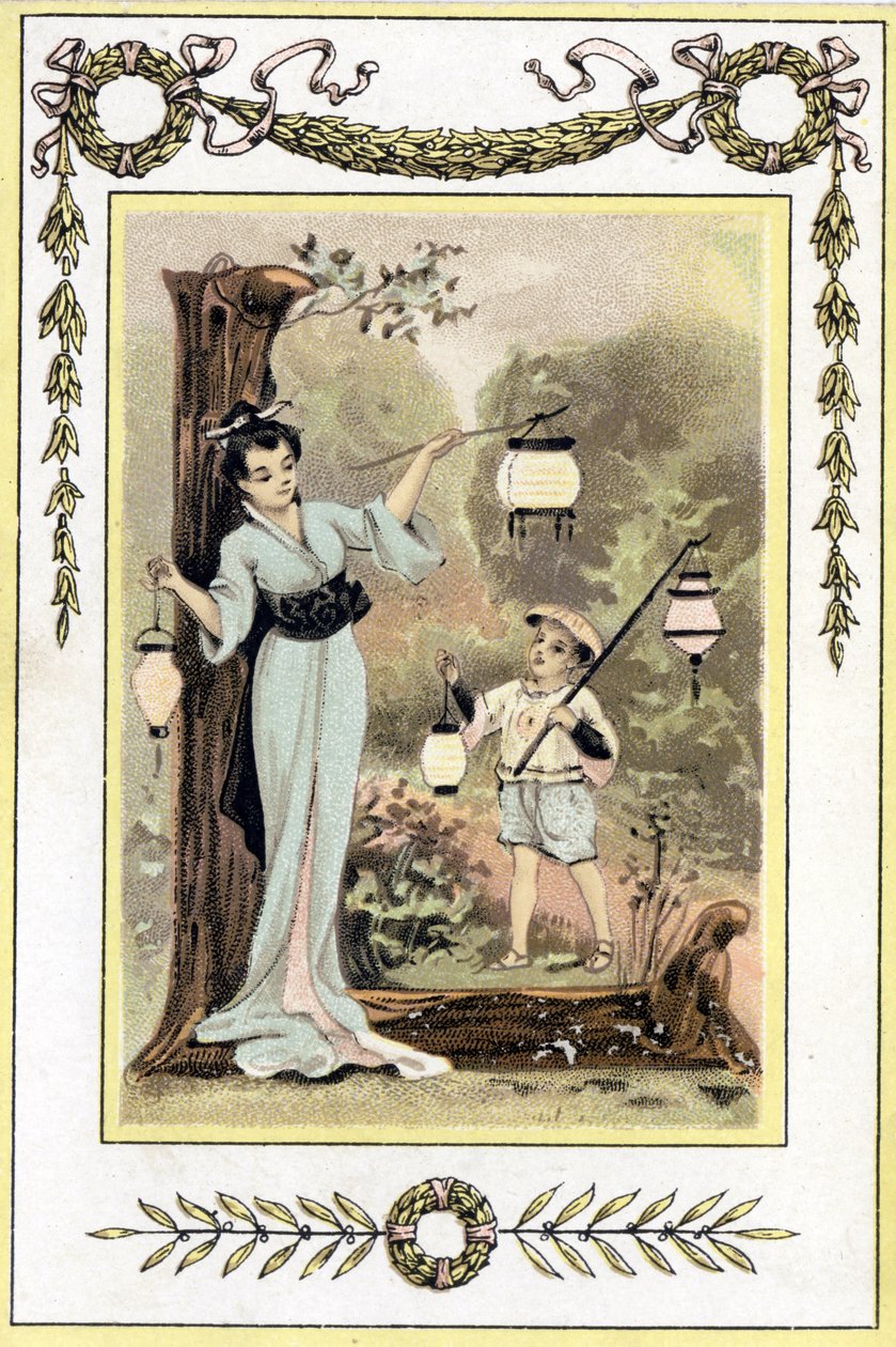 Letter representing a Japanese mother and her son with lanterns, late 19th century (chromolithograph) 作者 法语学校