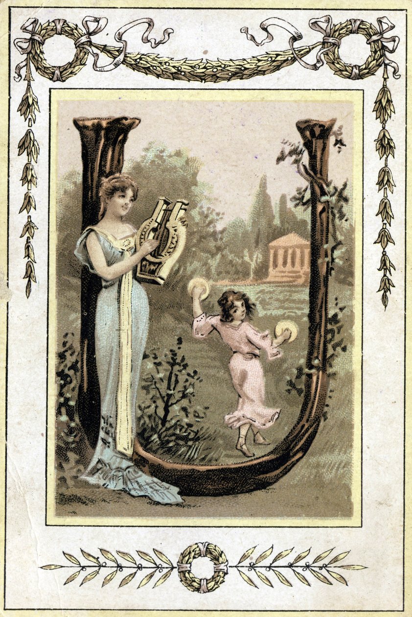 Letter representing a mother playing lyre and her daughter dancing with timpani, late 19th century (chromolithograph) 作者 法语学校