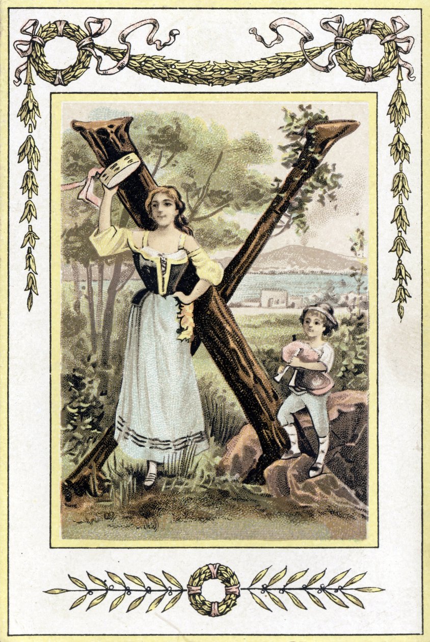 Letter representing a mother with a timpani and her son in a shepherd with a bagpipe, late 19th century (chromolithograph) 作者 法语学校