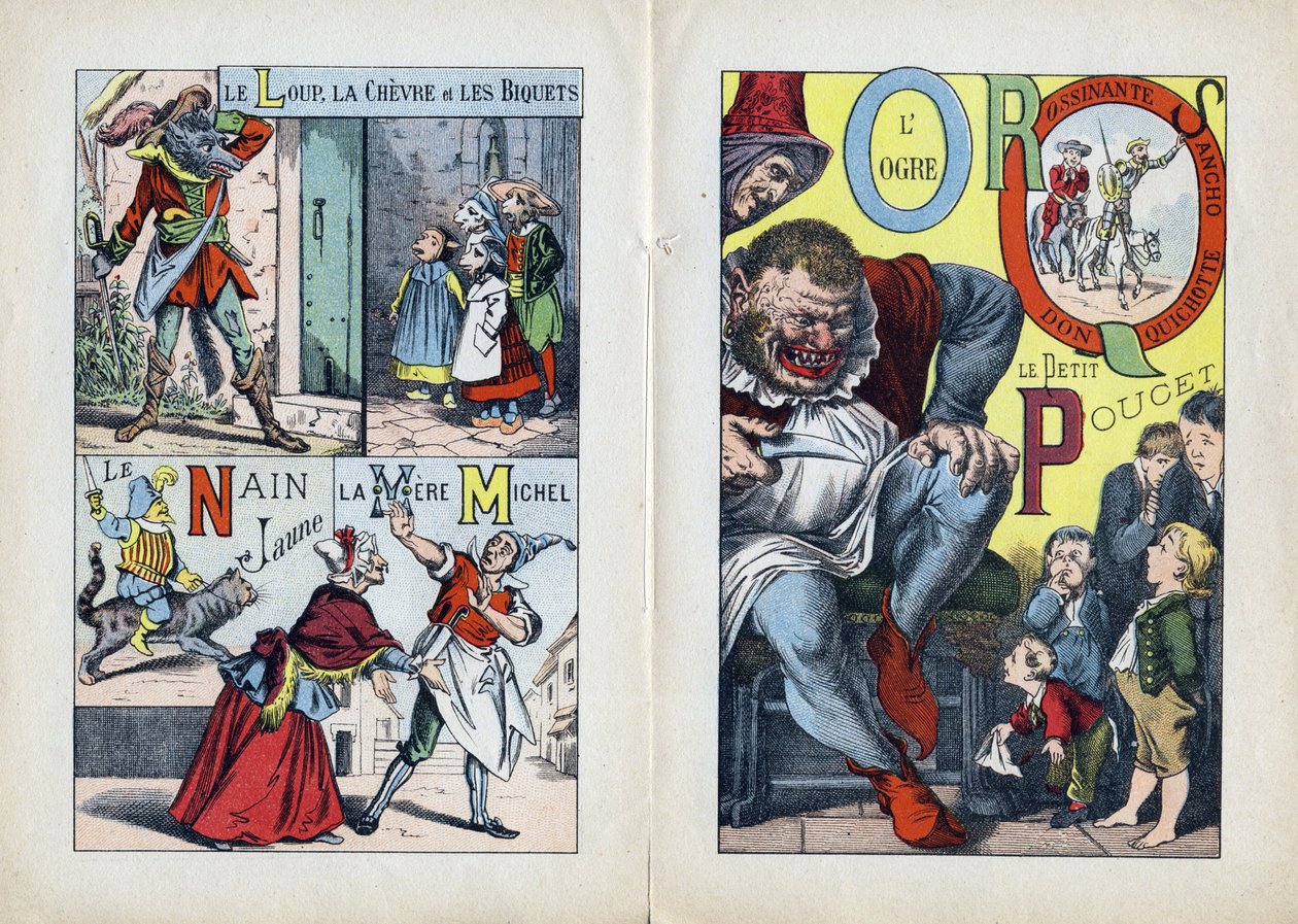 字母：L M N O P Q R S（中央双页）。 The wolf, the goat and the biquets, La Mere Michel, Le Nain jaune, L