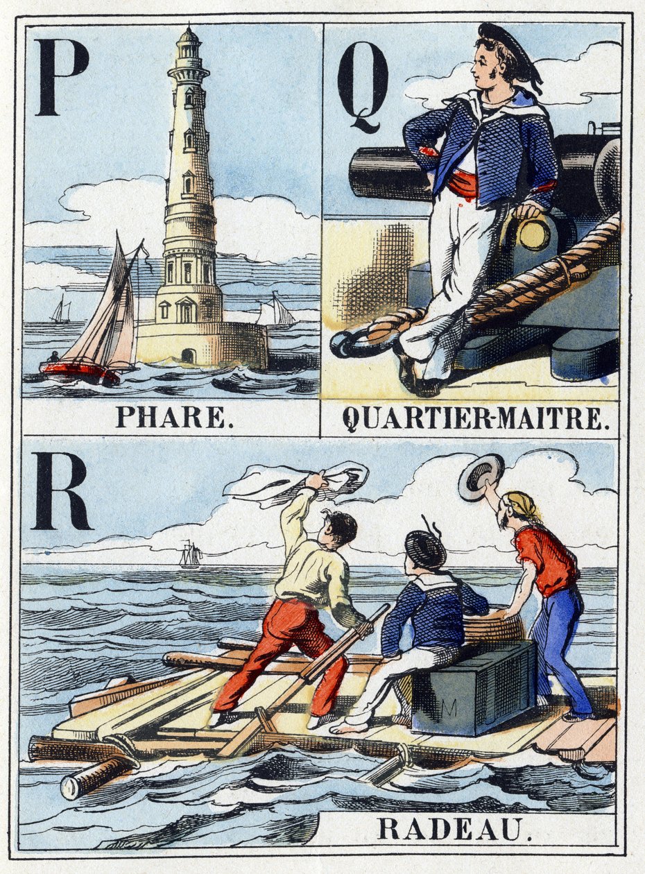 字母 P 为灯塔，字母 Q 为 Quartier Maitre，字母 R 为 Raft。 Navy abecedary 16 页，其中包含一个大写字母。 Epinal 图像，19 世纪后期。 模版木版画 暗：21x14,5cm 作者 法语学校