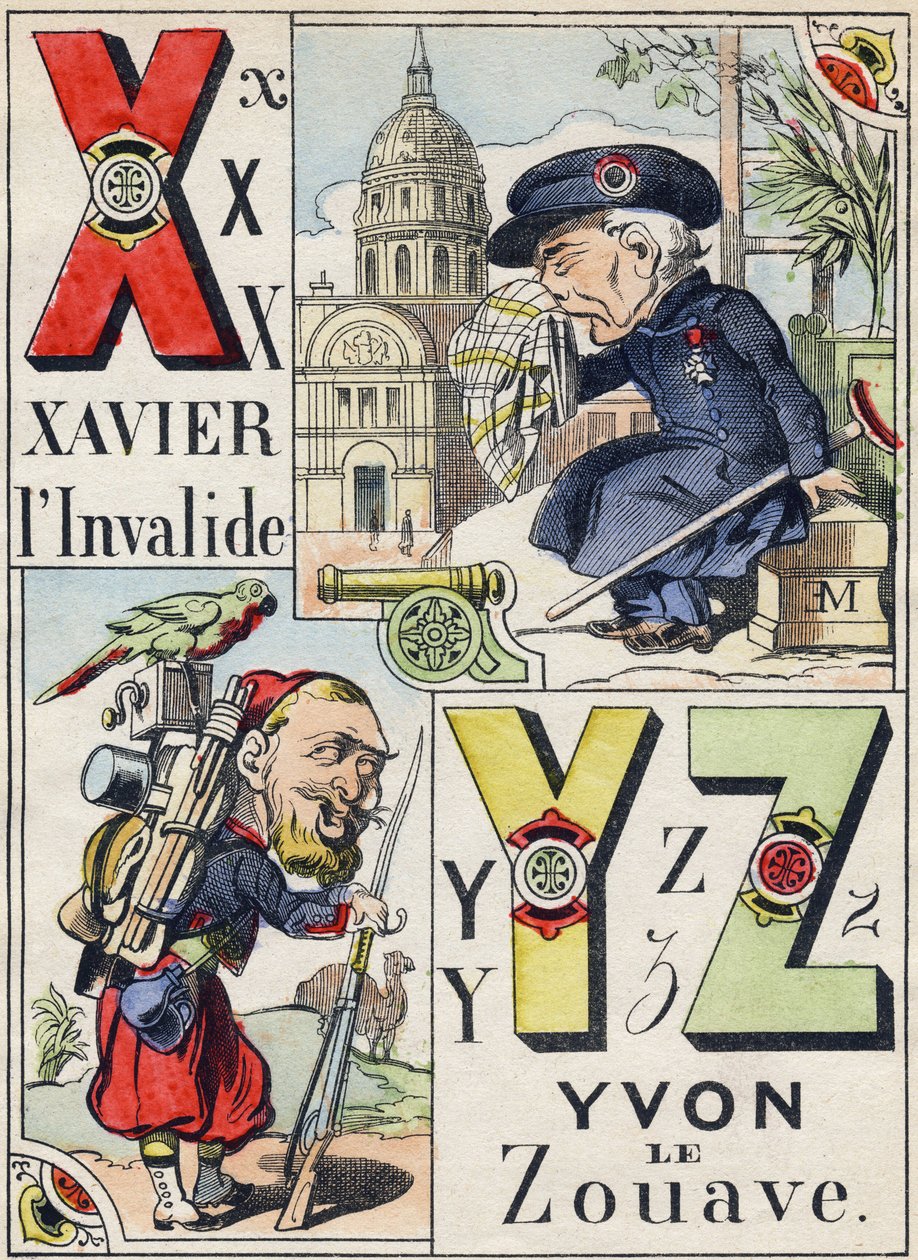 Letters X Y Z: Xavier the invalid and Yvon the Zouave. Engraving in "Comic Military Alphabet". Fifth series. Epinal imaging. Pellerin & Cie, Printers, Epinal, late 19th century. 16 pages. Dim: 25x18,5cm 作者 法语学校