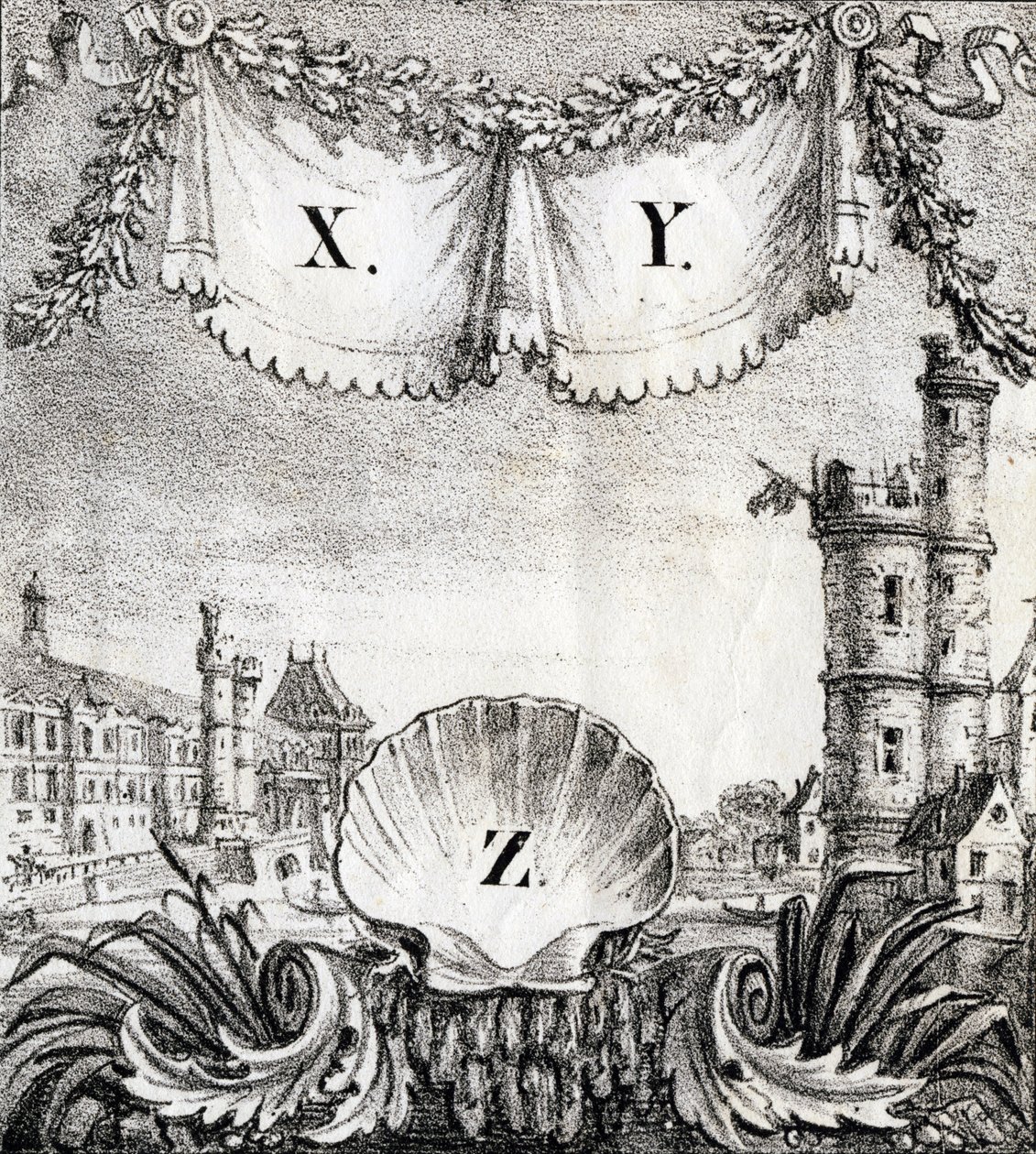 字母 X、Y 和 Z：1500 年的巴黎 - "Alphabet Picturesque des Monumens de Paris"，约 1840 年（雕刻） 作者 法语学校
