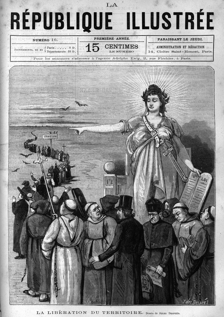 领土解放：法兰西共和国在儒勒-费里1880年3月采取的法令之后，将未经批准的宗教会所驱逐出法国领土，并剥夺了他们的传教权。一份报纸。1880年刊登在《La re》上的雕版画 作者 法语学校