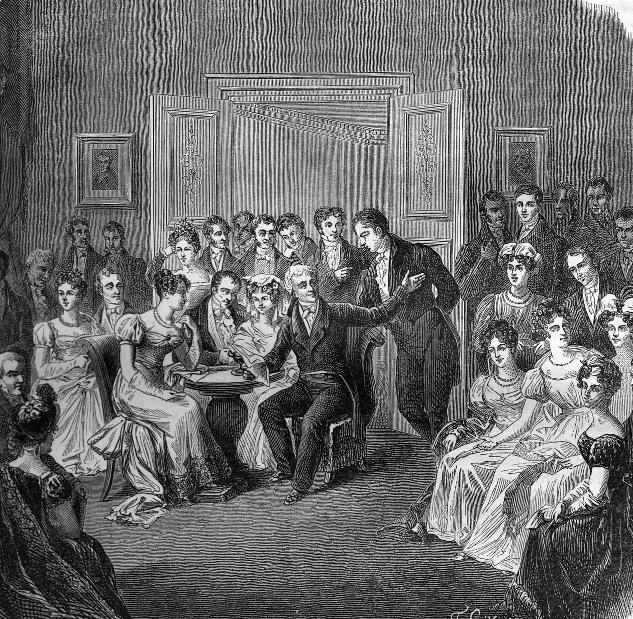 19世纪的文学沙龙。Francois Auguste Parceval de Grandmaison (Parceval Grandmaison, Parceval-Grandmaison) (1759-1834) 1824年在Larochefoucauld老酒店的休息室里朗读他的《Philippe Auguste》一诗的诗句。雕版画来自 作者 法语学校