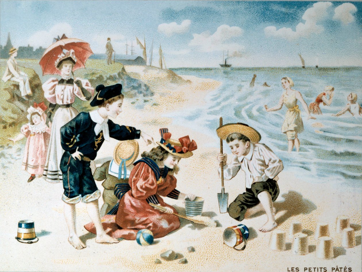 小意大利面：孩子们在沙滩上玩沙子。20 世纪初的插图（chromolitho） 作者 法语学校