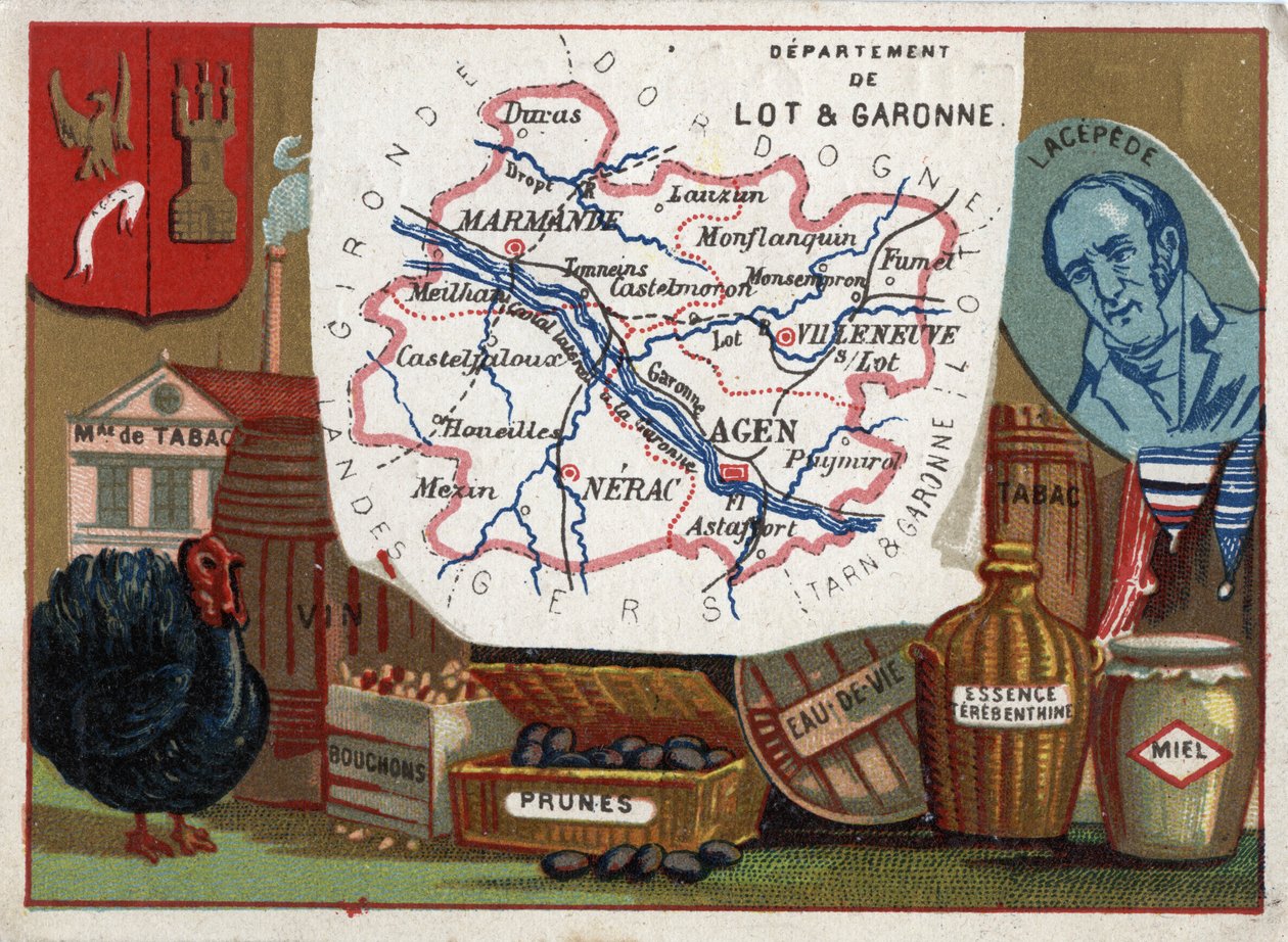 法国阿基坦省洛特和加龙省（Lot-et-Garonne，47）。烟草厂、火鸡养殖、葡萄酒、瓶塞、李子、白兰地、泰宾丁汽油。拉塞佩德（或称拉塞佩德）伯爵伯纳德-热尔曼-艾蒂安-德-拉维尔-伊隆的画像 作者 法语学校