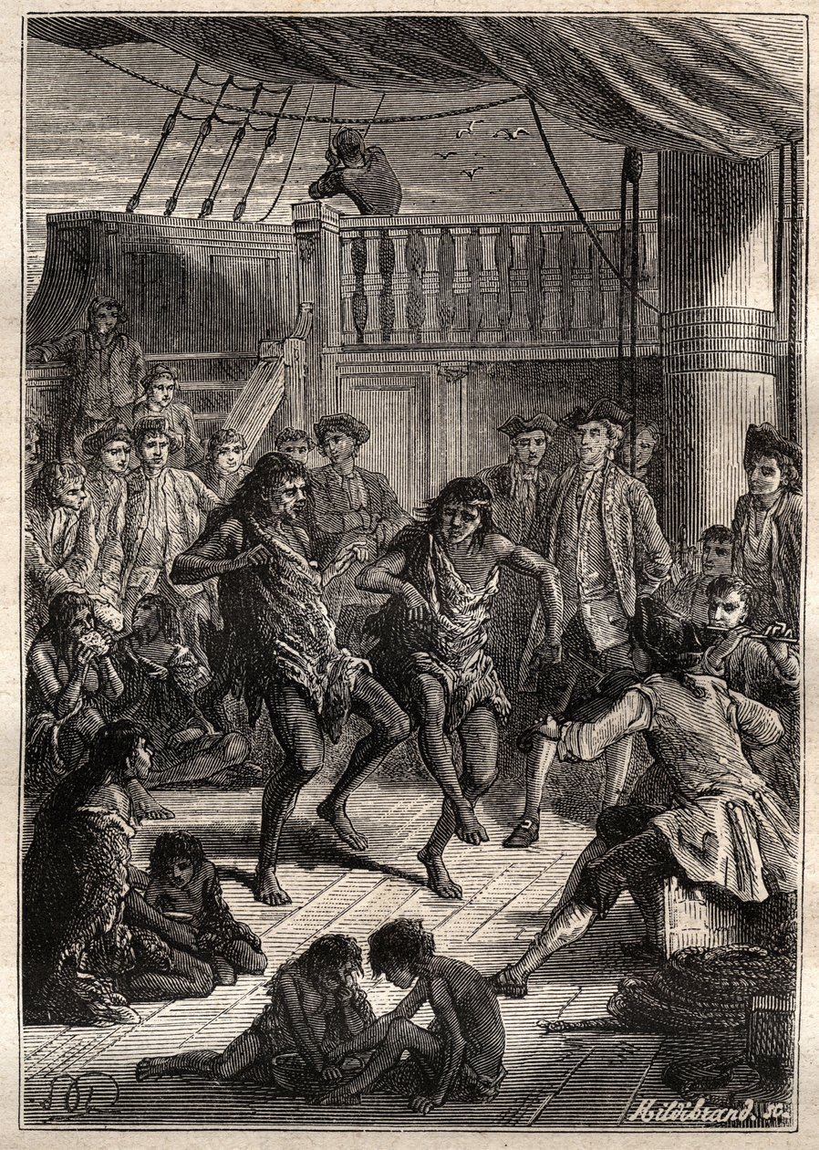 Louis Antoine, Count of Bougainville (1729-1811) received the inhabitants of the Bay Fortescue (Detroit of Magellan) in his boat “” La Boudeuse””” in 1768 - illustration from “The Great Mariners of the 18th century” 作者 法语学校