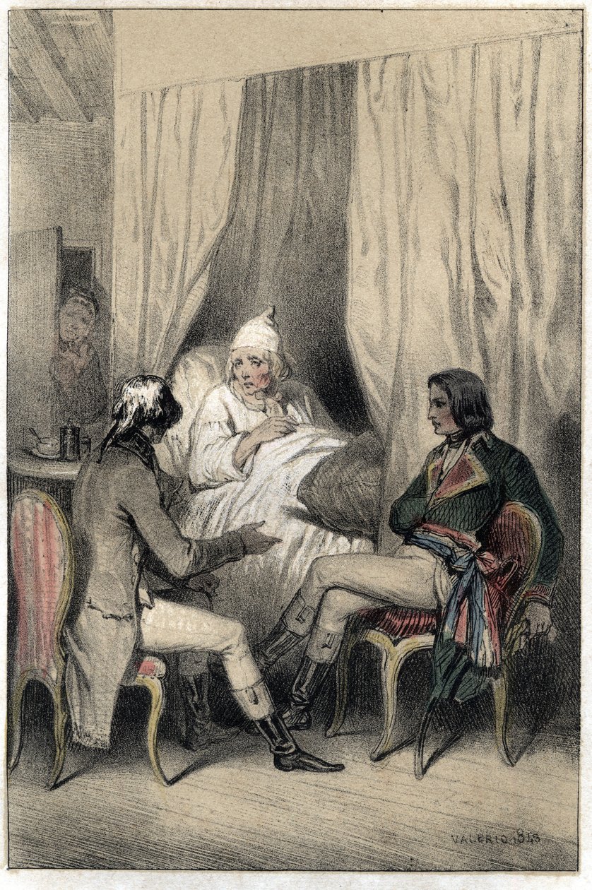 路易-安托万-福韦莱-德-布列涅（1769-1834），法国外交官和行政长官，拿破仑-波拿巴将军（1769-1821）向一位生病的老资本家要钱用于意大利战役。图版取自 "著名人物的生活场景 "雕刻。 作者 法语学校