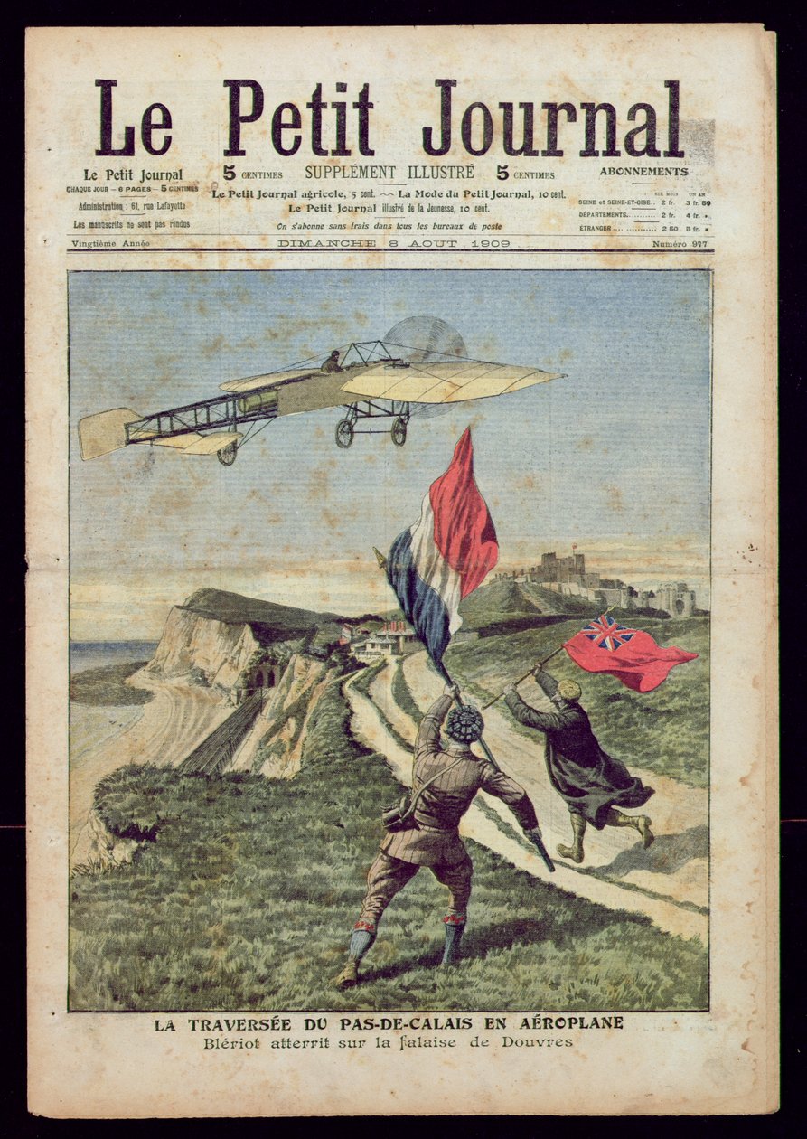 Louis Bleriot（1872-1936）于1909年8月8日在&39;Le Petit Journal&39;登陆多佛（彩色雕刻） 作者 法语学校
